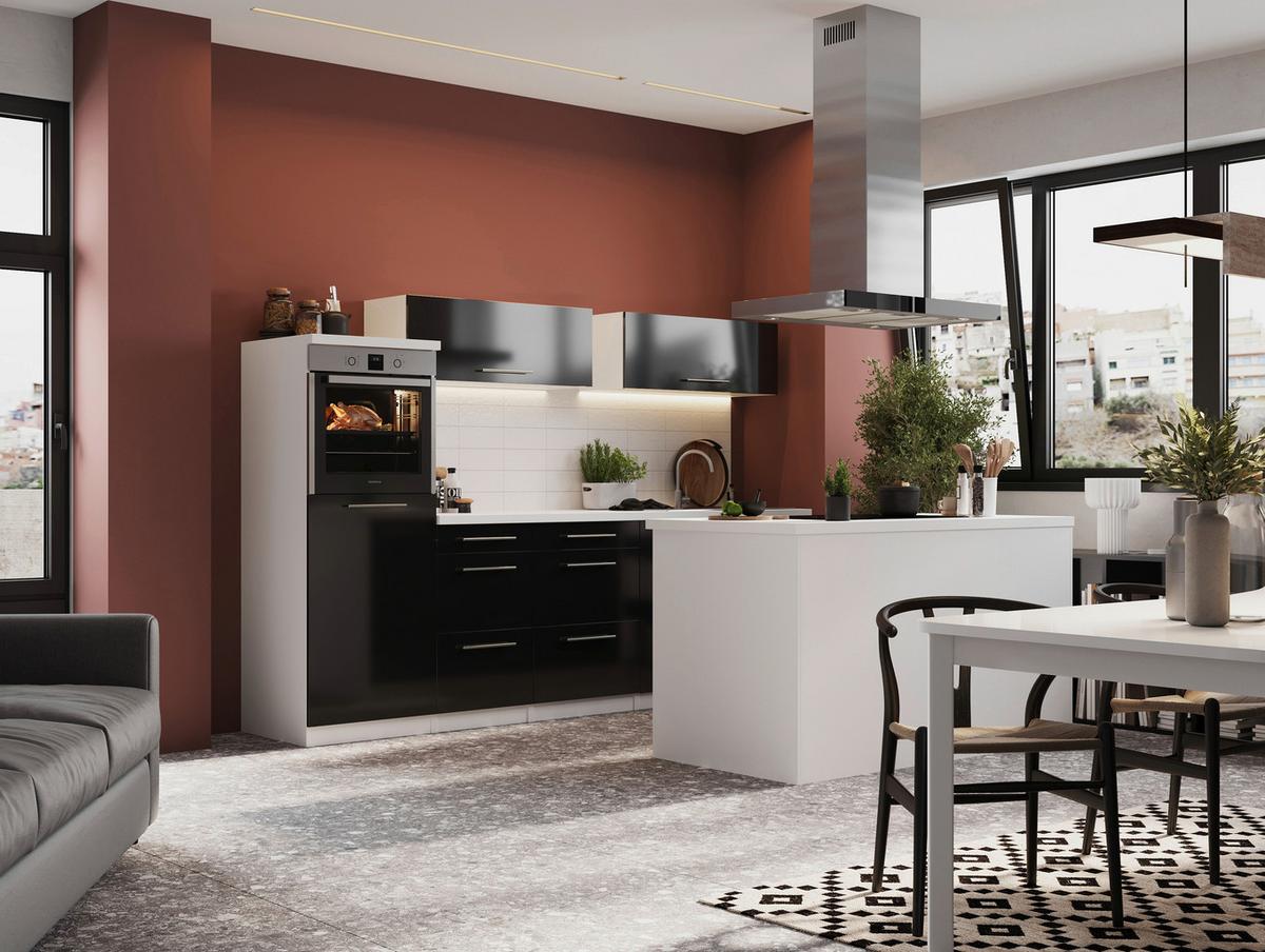 Küchenzeile Premium mit Geräte 280 cm Schwarz/Weiß +kochinsel - Schwarz/Weiß, MODERN, Holzwerkstoff (280/160cm) - Respekta