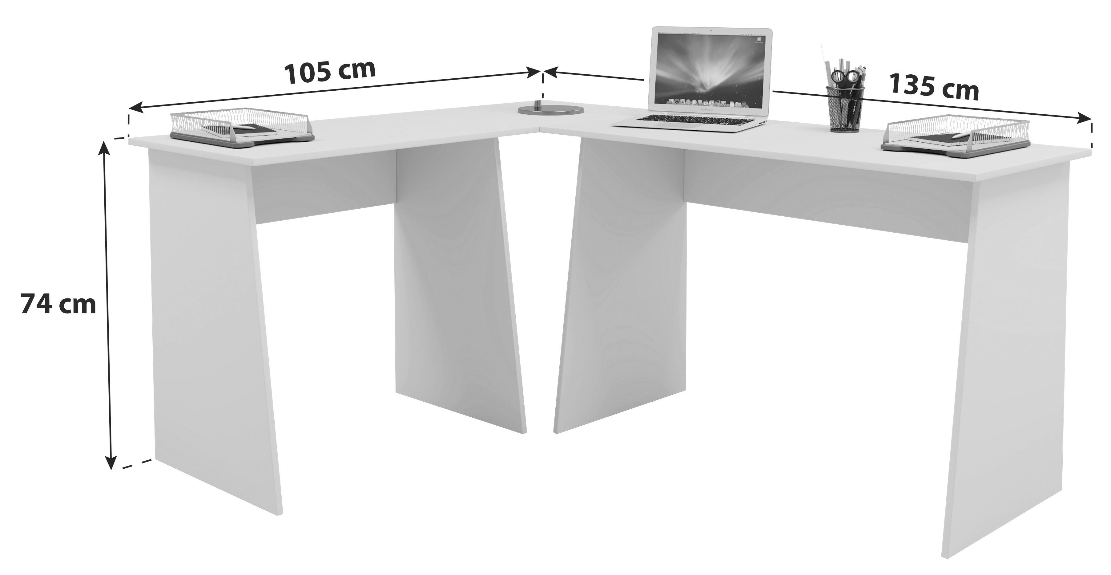Eckschreibtisch B 135cm H 74cm Masola, Weiß/Eiche Dekor - Weiß/Sonoma Eiche, Design, Holzwerkstoff (105/135/74cm) - MID.YOU