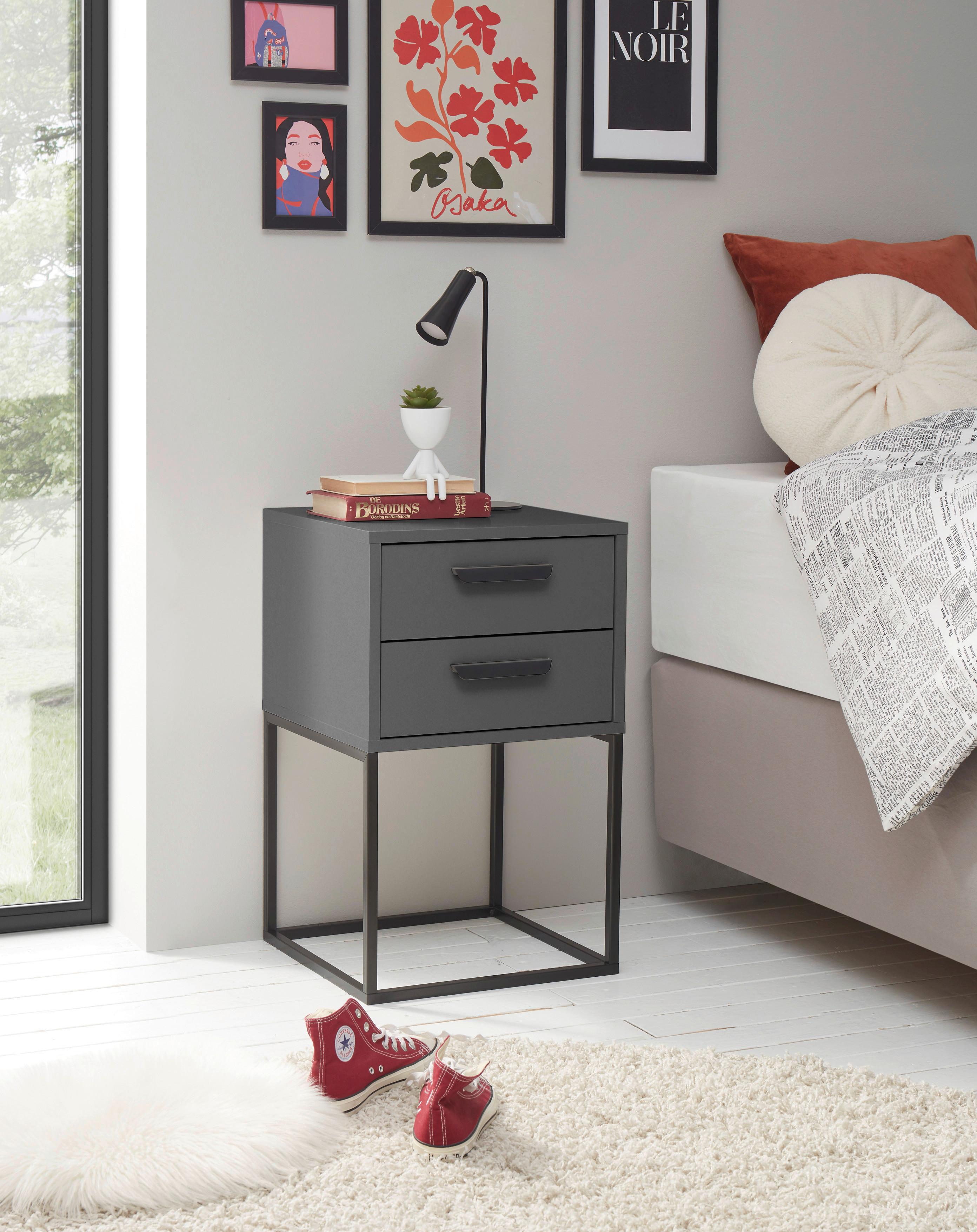 Noční stolek SUNA 1 zásuvky dekor grafit - černá/barvy grafitu, Moderní, kov/kompozitní dřevo (40/65/38,5cm)