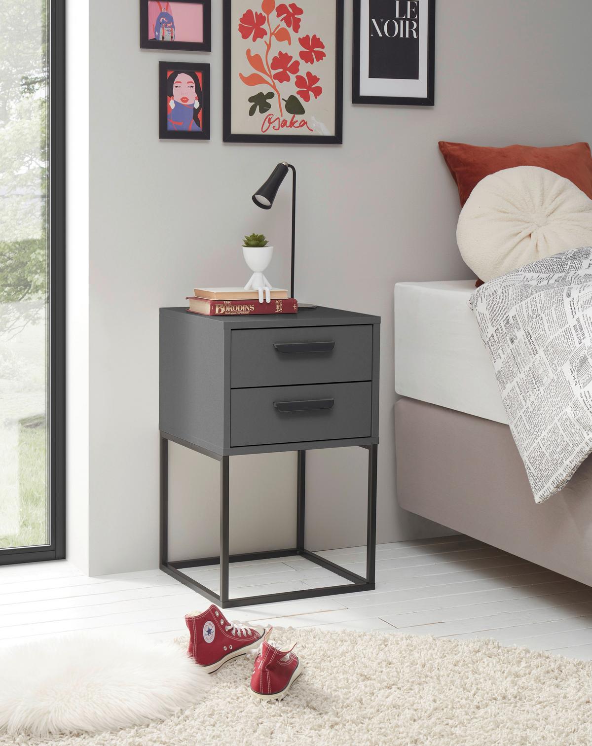 Nočný stolík SUNA 2 zásuvky dekor grafit - čierna/grafitová, Modern, kov/kompozitné drevo (40/65/38,5cm)