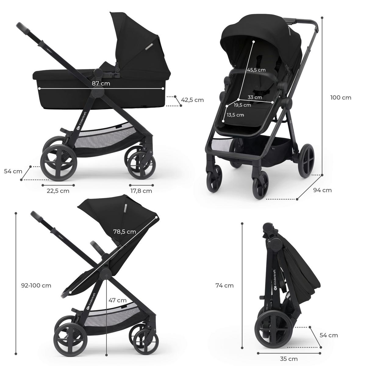 Kinderwagenset Newly 3 IN 1 Schwarz, B/H/T: 54x100x94cm - Schwarz, Basics, Metall (54/100/94cm) - Kinderkraft