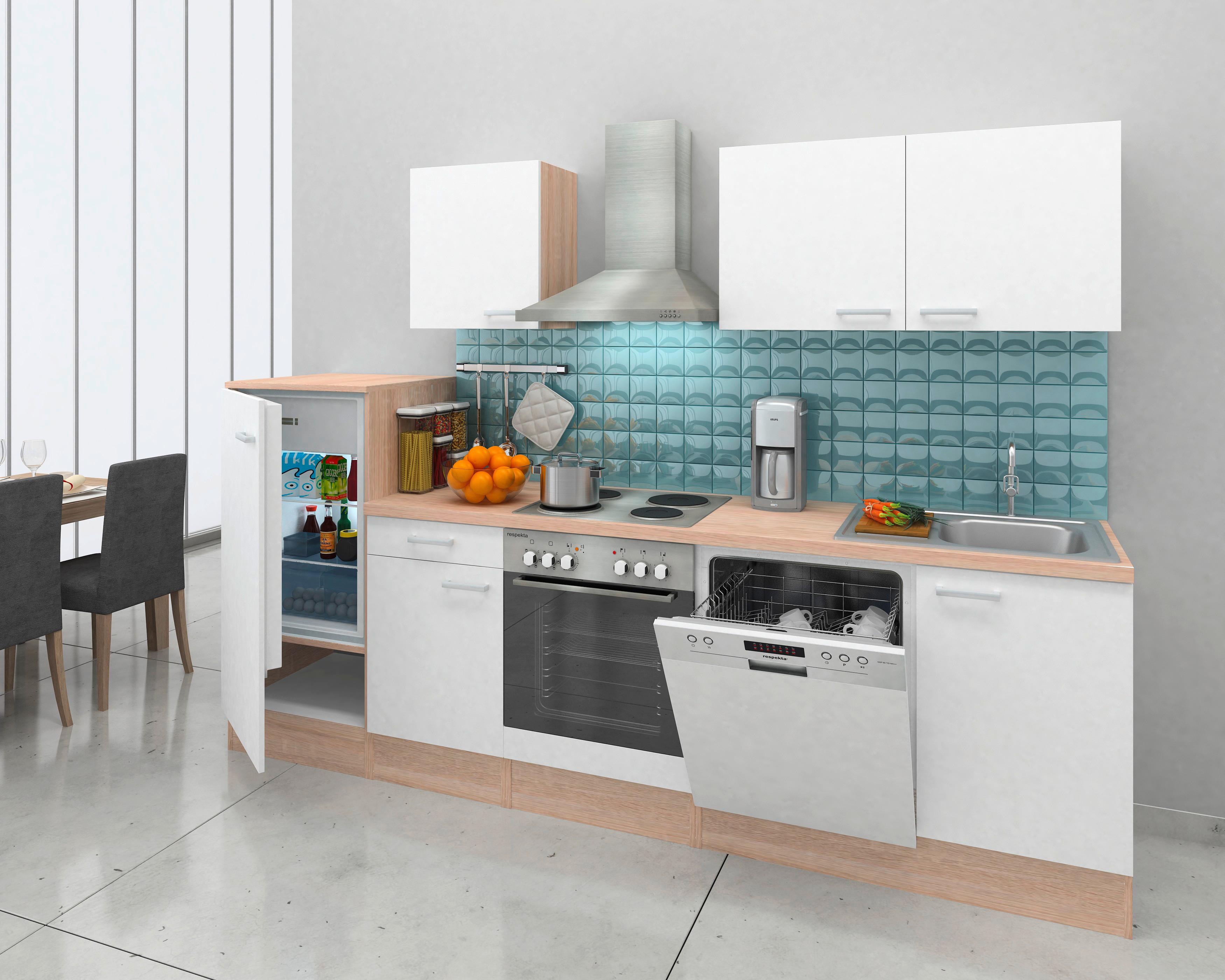 Küchenzeile Economy mit Geräten 280 cm Weiß/Eiche Dekor Modern - Eichefarben/Weiß, Basics, Holzwerkstoff - Respekta