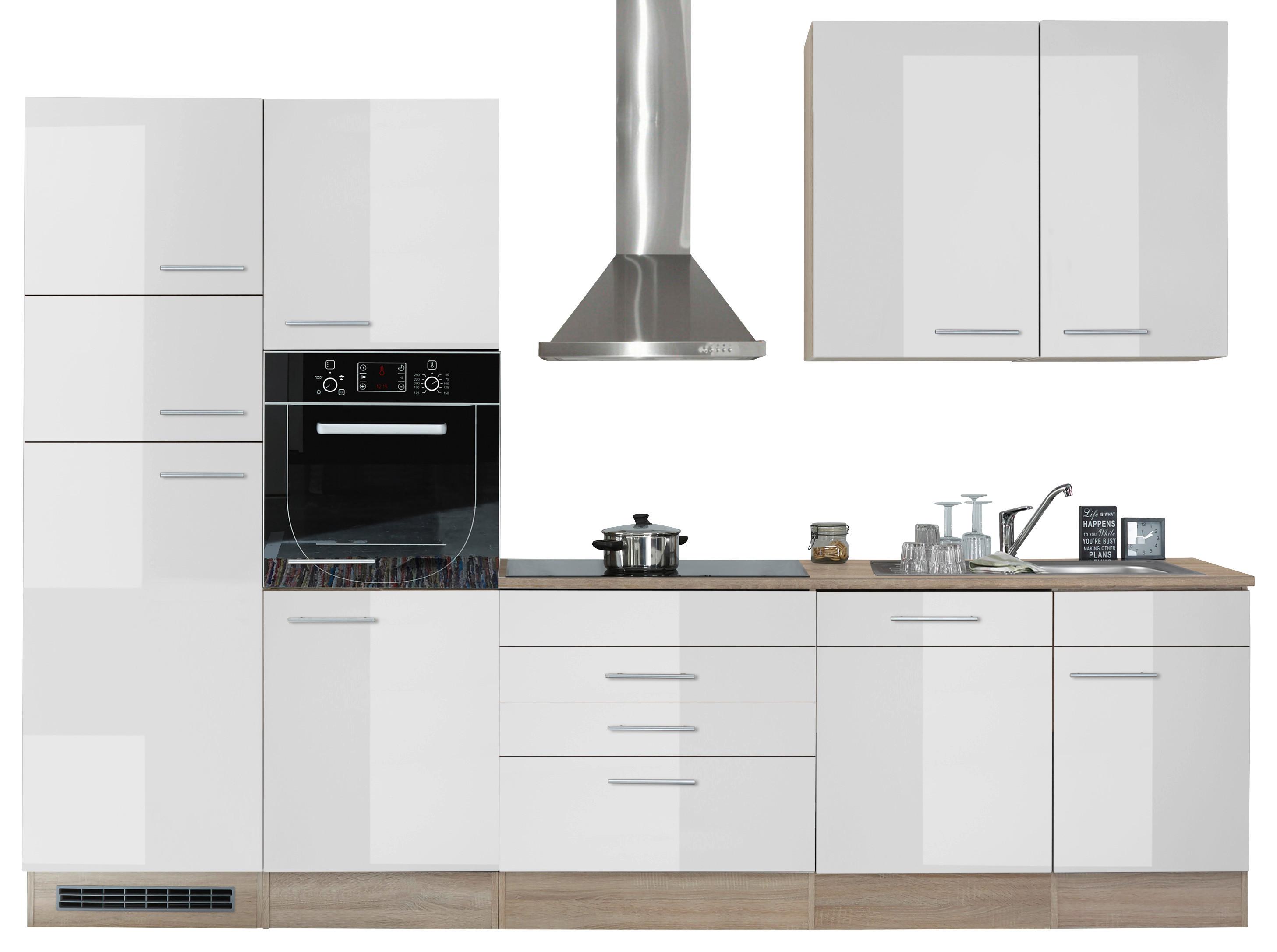 Küchenzeile Laurel ohne Geräte 310 cm Eiche/Weiß Hochglanz - Weiß/Sonoma Eiche, MODERN, Holzwerkstoff (310cm) - MID.YOU