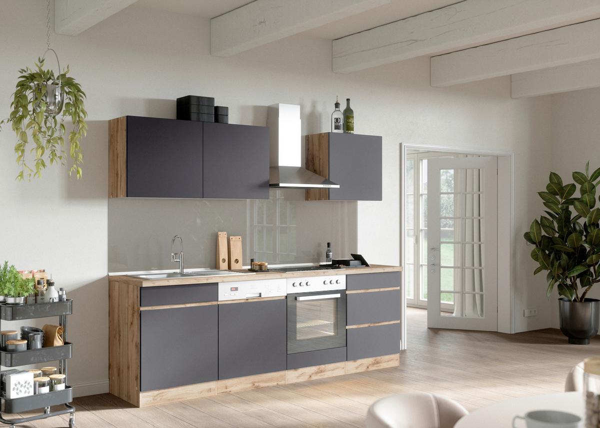 Küchenzeile Turin ohne Geräte B: 240cm Grau/Wotaneiche Dekor - Eiche Wotan/Grau, Design, Holzwerkstoff (240cm) - Held