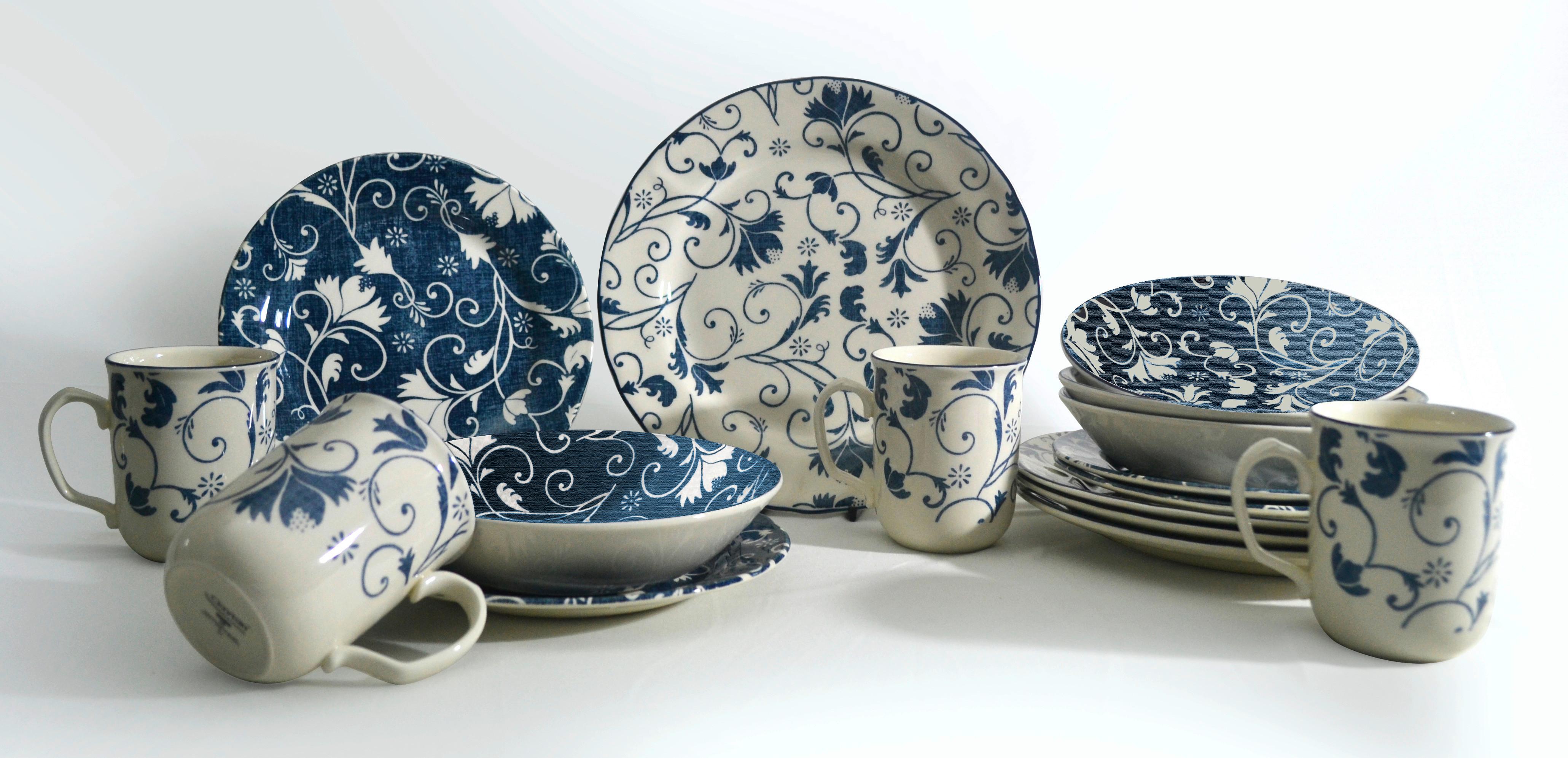 Kombiservice Damask Keramik 4 Personen Geschirr Set - Blau/Weiß, Trend, Keramik (43,5/26,5/40cm) - Creatable