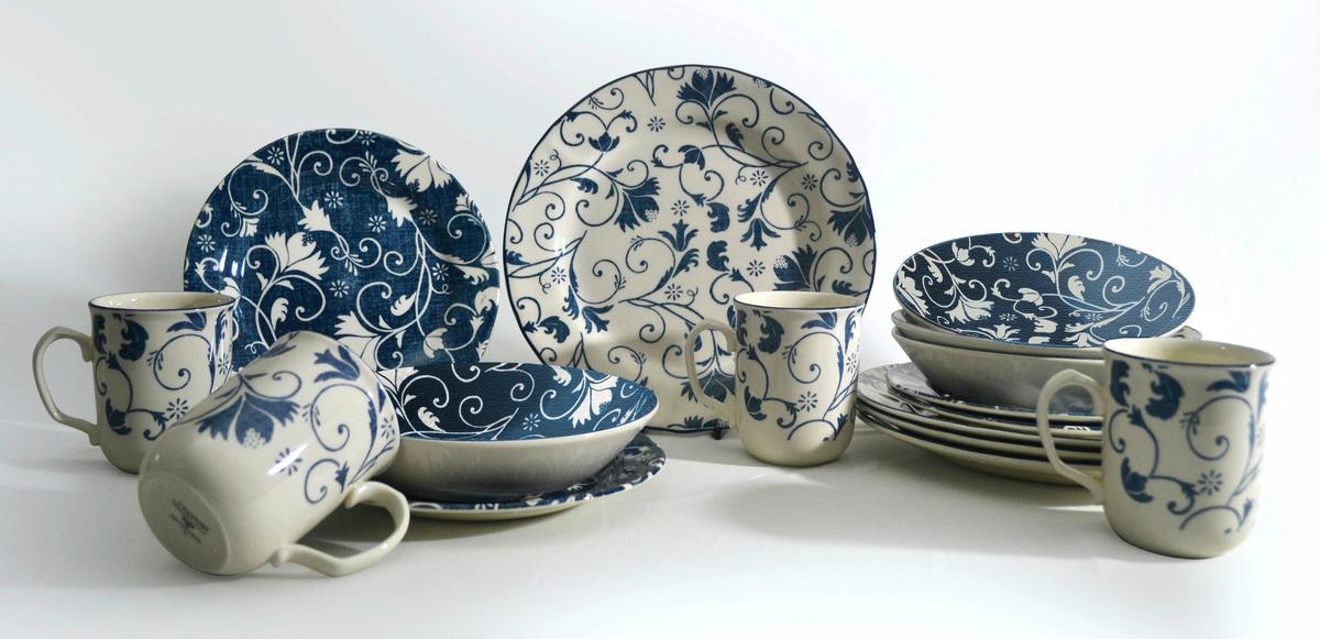 Kombiservice Damask Keramik 4 Personen Geschirr Set - Blau/Weiß, Trend, Keramik (43,5/26,5/40cm) - Creatable