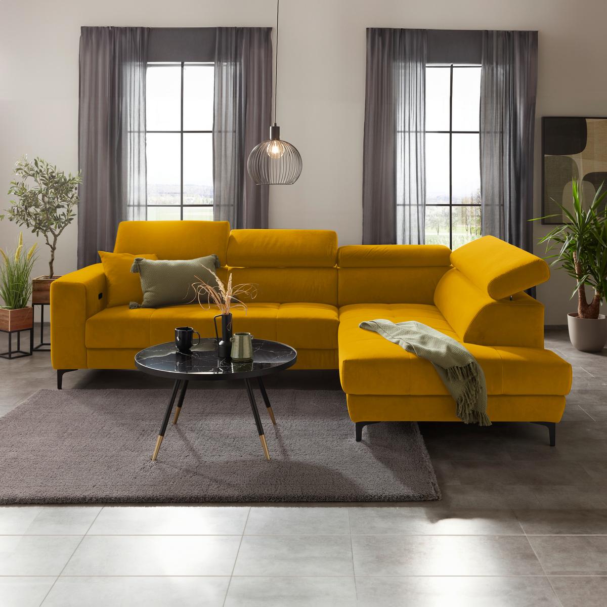 Rohová sedačka EMMA, pravá, žlutá,op.hl.,USB,el.výsuv - černá/žlutá, Moderní, textil (301/210cm) - Premium Living