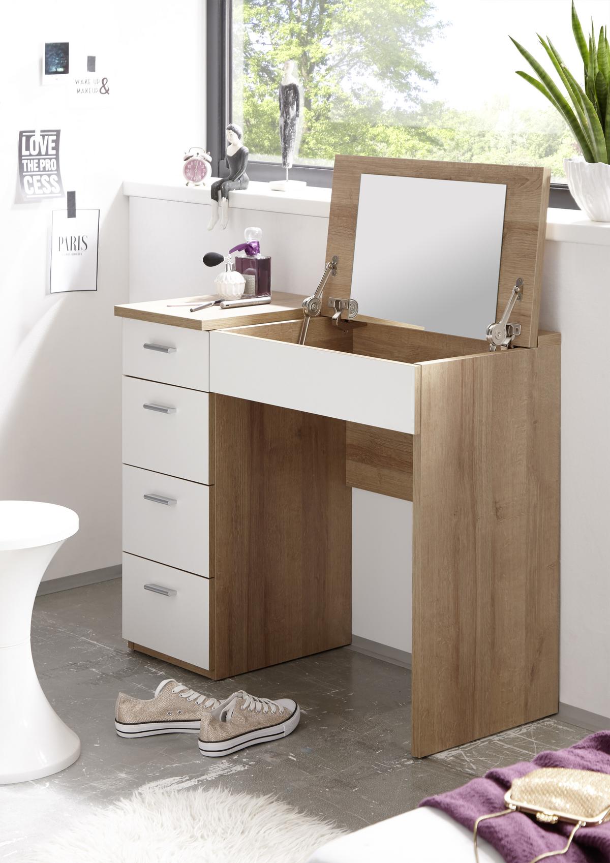 Schminktisch Make Up Weiß/ Eiche Dekor 90 cm - Weiß/Sonoma Eiche, Design, Holzwerkstoff (90/76/42cm) - Xora