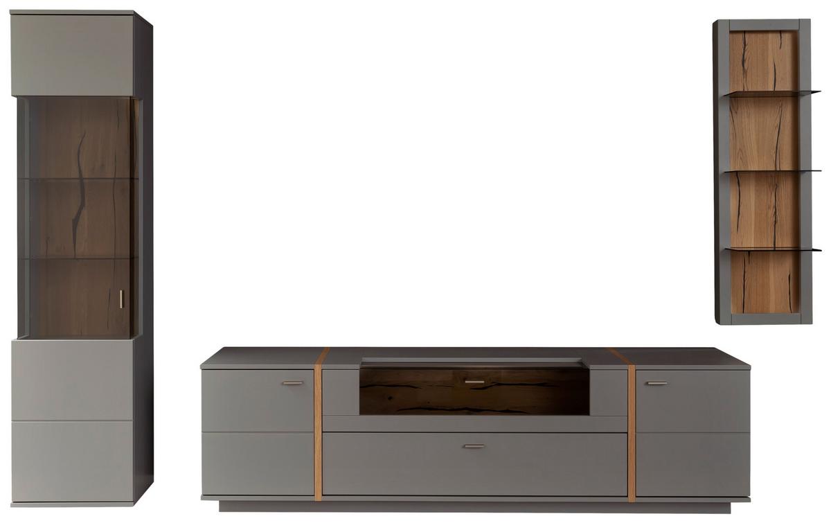 Wohnkombination teilmassiv 3--teilig. Sevilla Grau/Eiche - Eichefarben/Schwarz, Design, Glas/Holzwerkstoff (316/207/50cm) - MID.YOU
