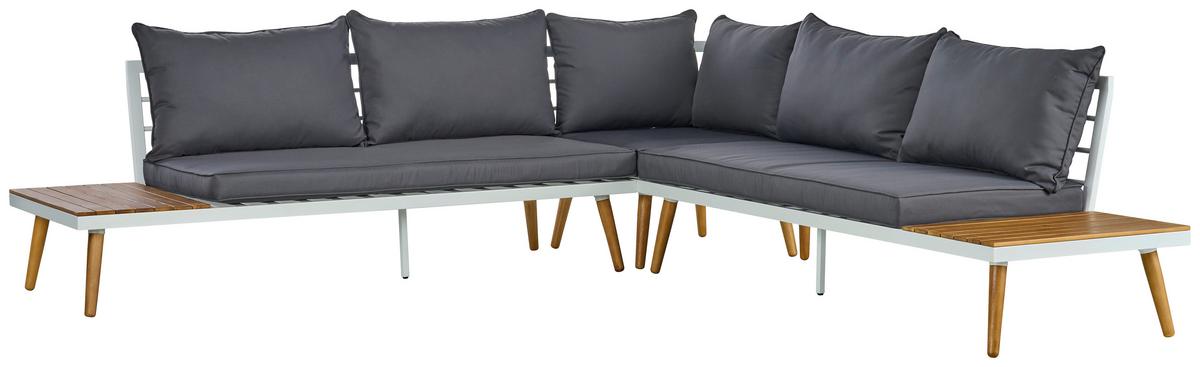 Loungegarnitur 3 Tlg. Madeira Aus Stahl/holz Mit Kissen - Dunkelgrau/Weiß, MODERN, Holz/Textil (90/30/70cm) - Beldano