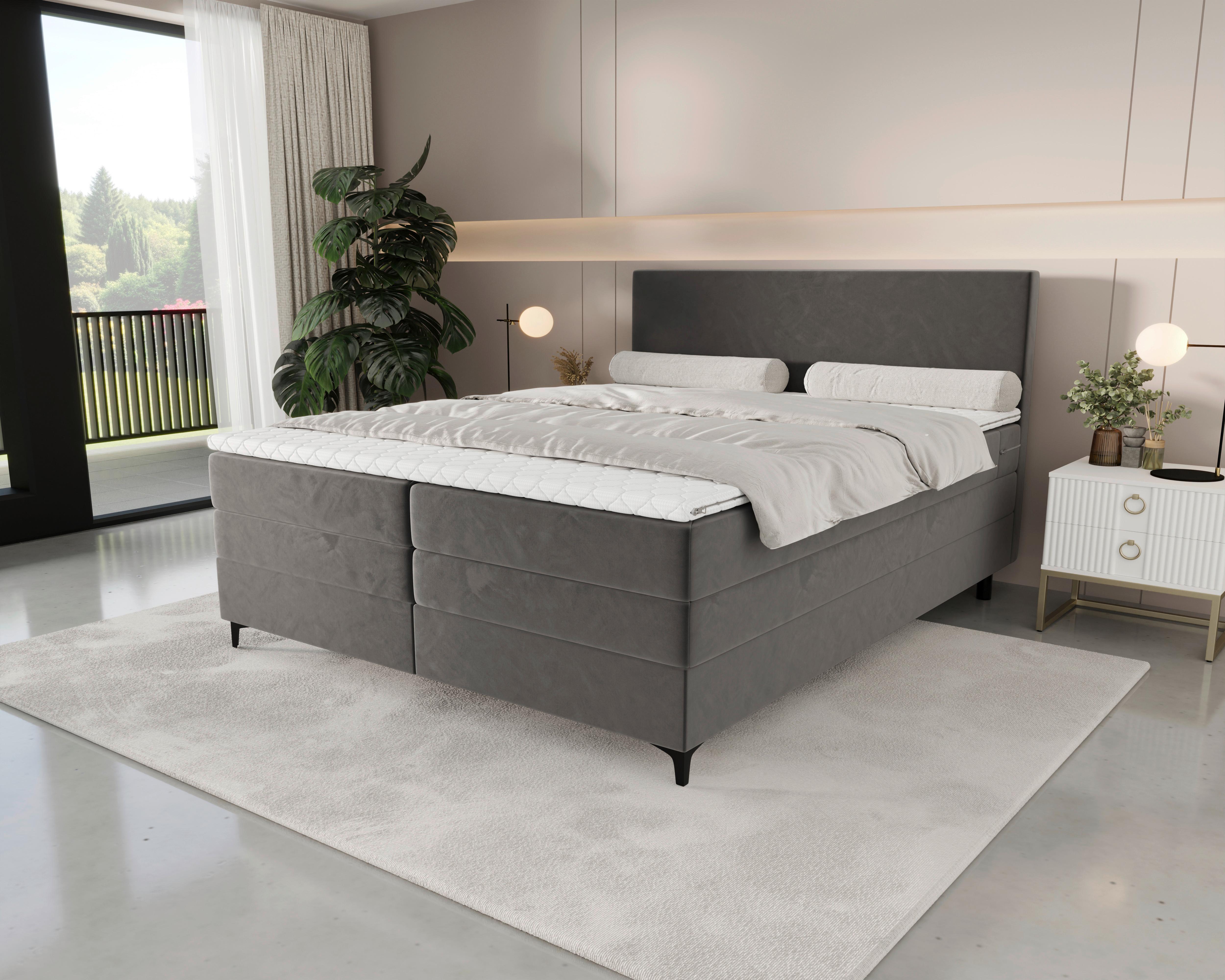 Boxspringbett Taro mit Topper 180x200 cm Grau - Schwarz/Grau, KONVENTIONELL, Textil/Metall (180/200cm)