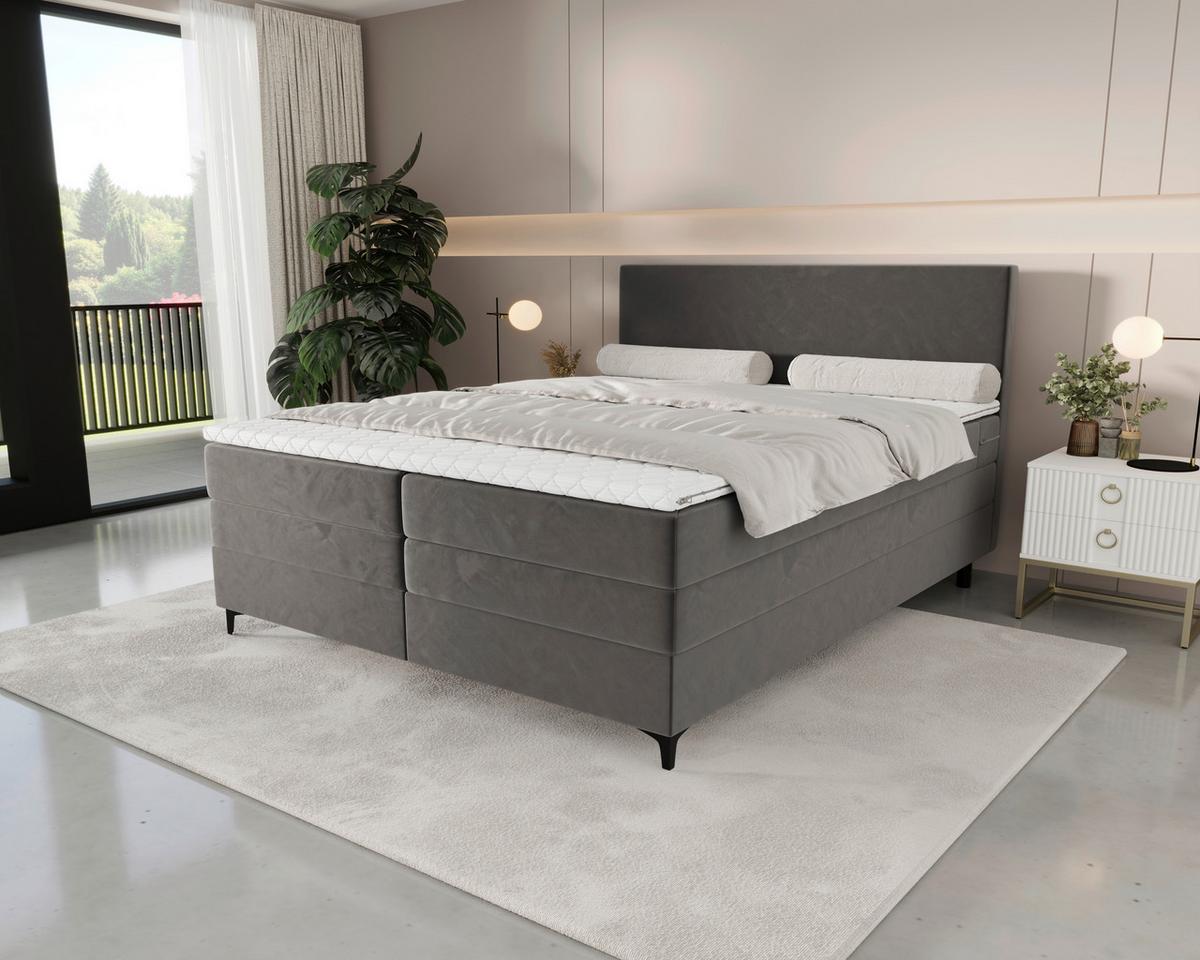 Boxspringbett Taro mit Topper 180x200 cm Grau - Schwarz/Grau, KONVENTIONELL, Textil/Metall (180/200cm)