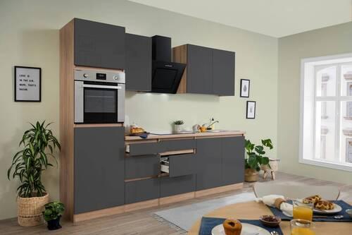 Küchenzeile Premium mit Geräten 270 cm Eiche Sägerau Hochglanz - Eichefarben/Grau, MODERN, Holzwerkstoff (270cm) - Respekta
