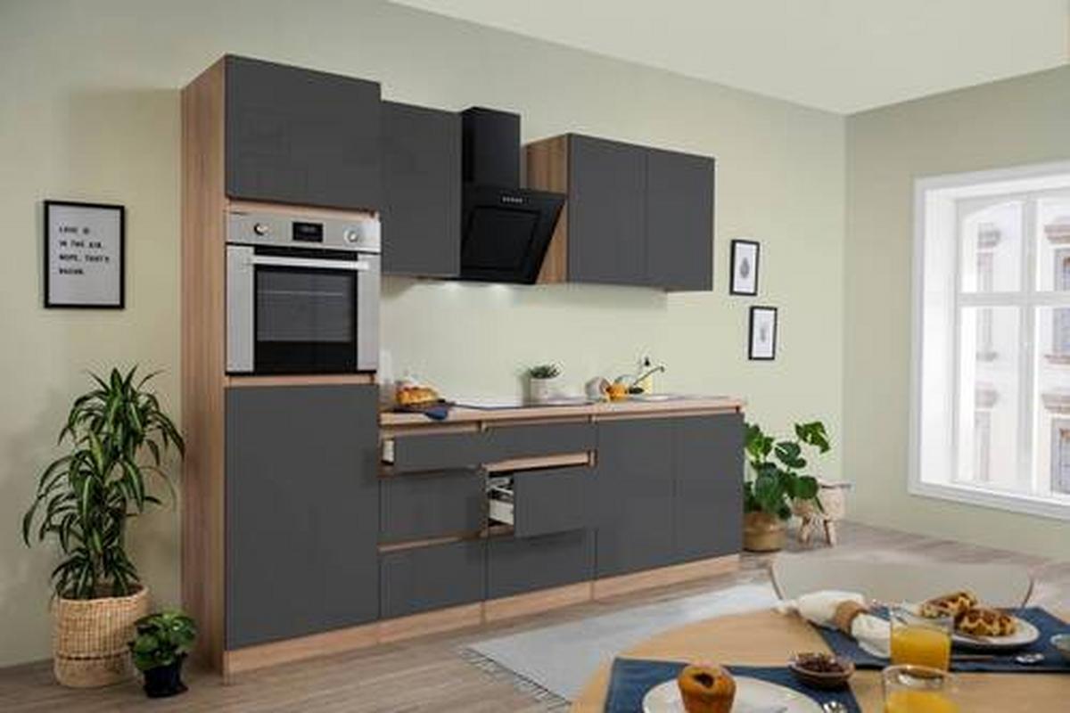 Küchenzeile Premium m. Geräten 270 cm Eiche Sägerau Hochglanz - Eichefarben/Grau, MODERN, Holzwerkstoff (270cm) - Respekta