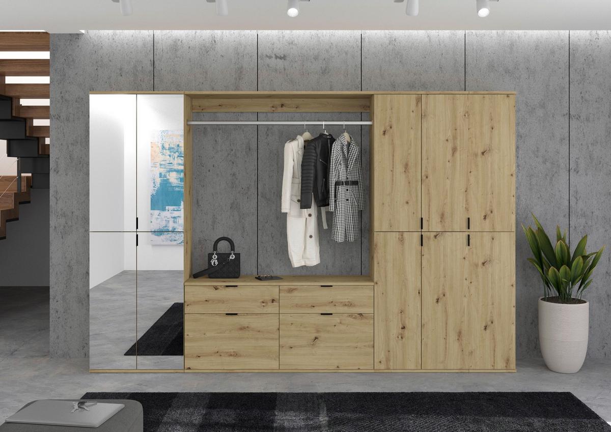 Garderobe Projekt X 4-Teilig Eiche Artisan B: 273 cm - KONVENTIONELL, Glas/Holzwerkstoff (273/193/34cm) - MID.YOU