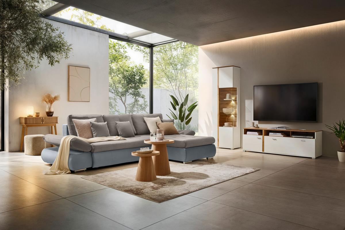 Rohová sedačka ENRICO, obojstranná, strieborná - čierna/chrómová, Konventionell, kov/textil (303/88/185cm) - Based