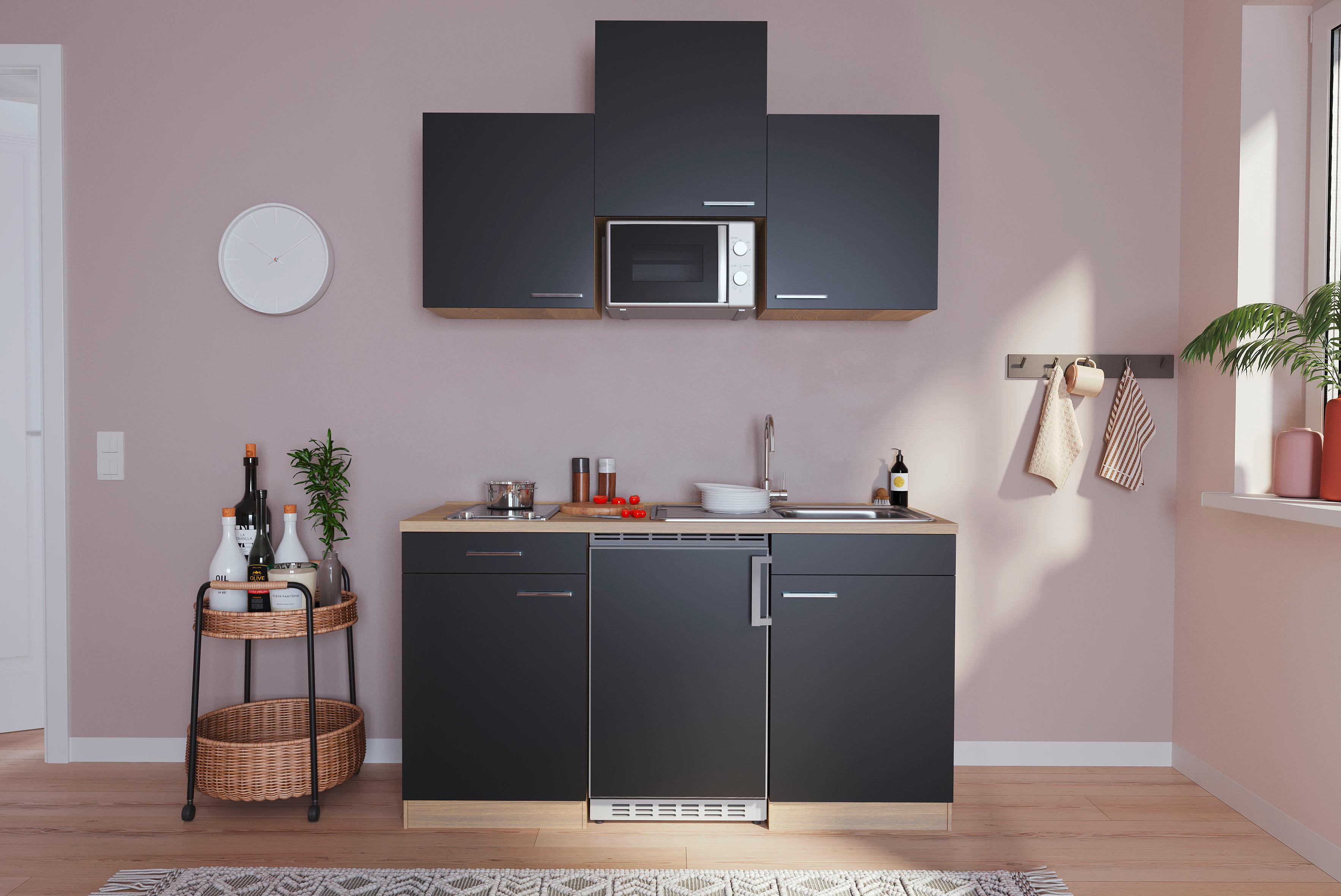 Miniküche mit Mikrowelle + Kühlschrank 150 cm Schwarz - Eichefarben/Schwarz, Basics, Holzwerkstoff (150cm) - Respekta