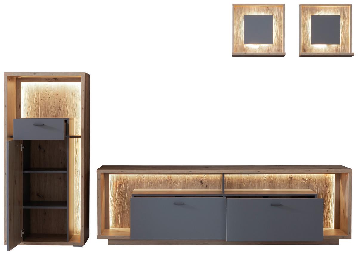 Wohnkombination 4-tlg. Lizzano Grau/eichefarben - Eichefarben/Grau, Design, Holzwerkstoff (286/200/40cm) - MID.YOU