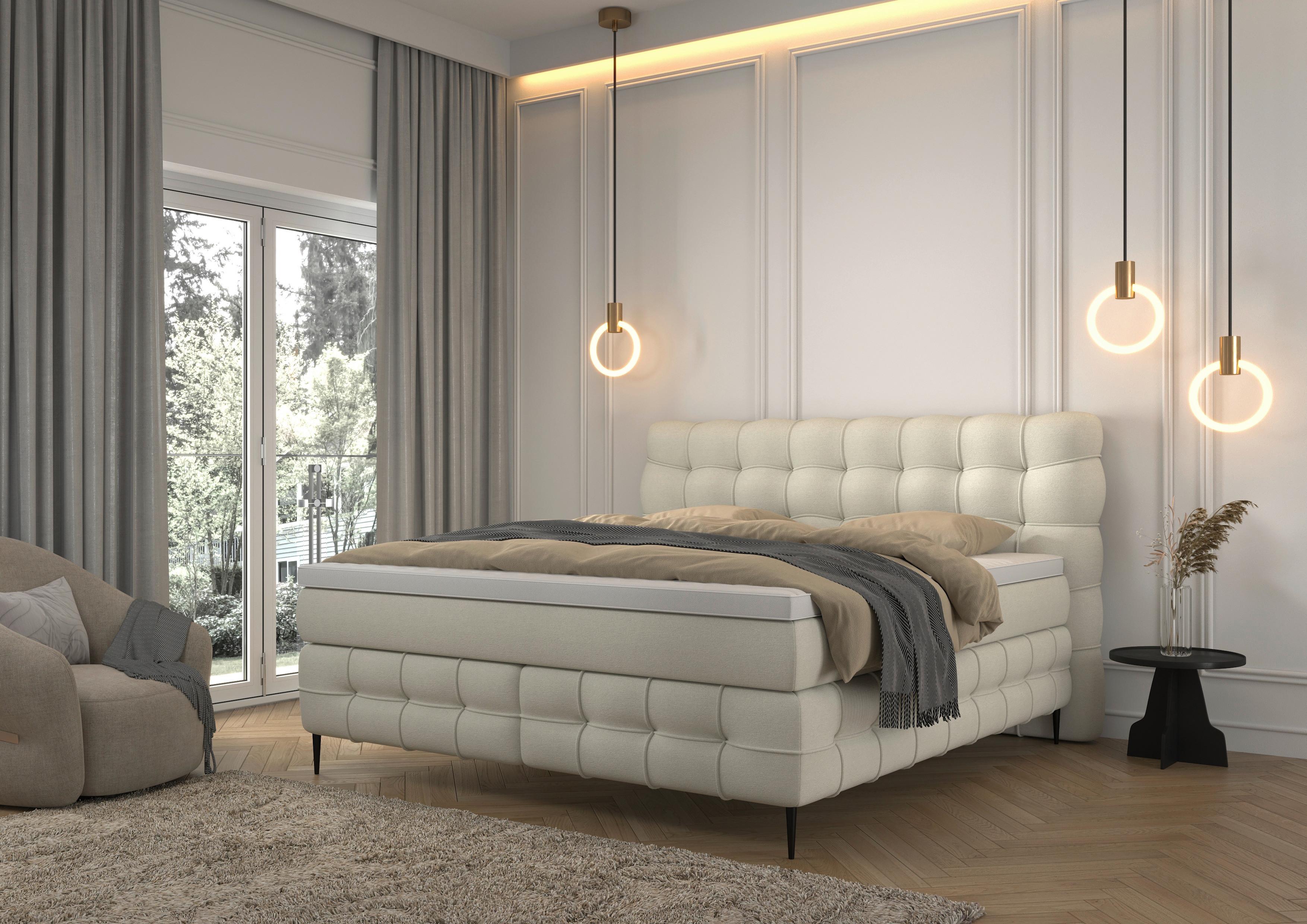 Boxspring- Ágy Scarlett 160/200cm - krémszínű, Konventionell, faalapú anyag/textil (160/200cm)