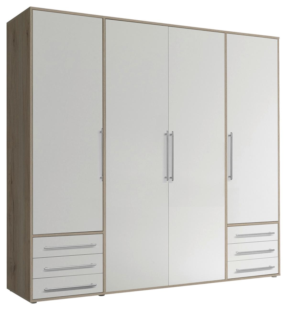 Drehtürenschrank mit Laden 206cm Lyss Weiß/Eiche Dekor - Weiß/Eiche San Remo, MODERN, Holzwerkstoff (206/194/58cm) - Livetastic
