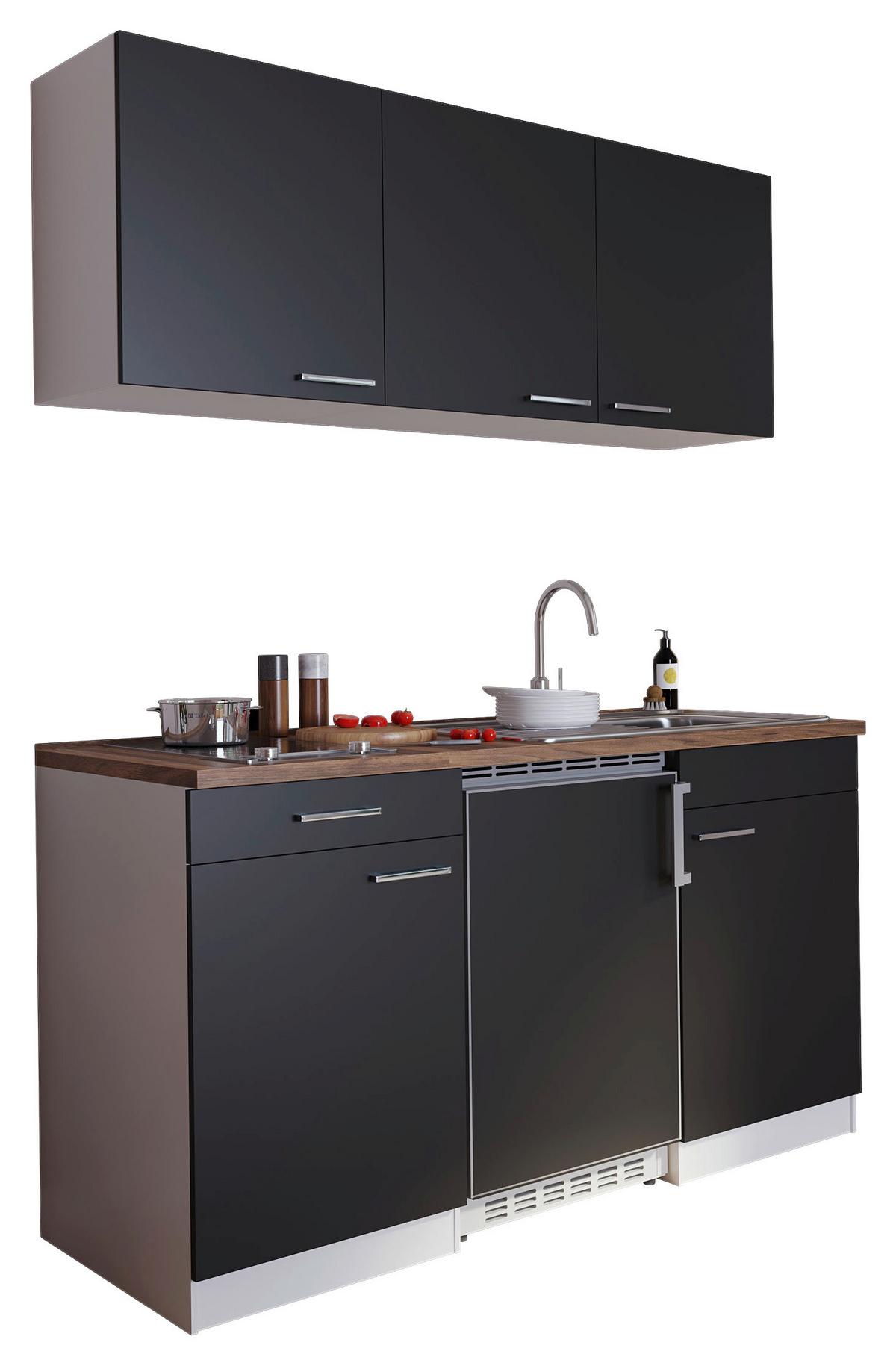 Miniküche Economy M. Geräten 150 Cm Schwarz/ Nussbaum Dekor - Nussbaumfarben/Schwarz, Basics, Holzwerkstoff (150cm) - Respekta