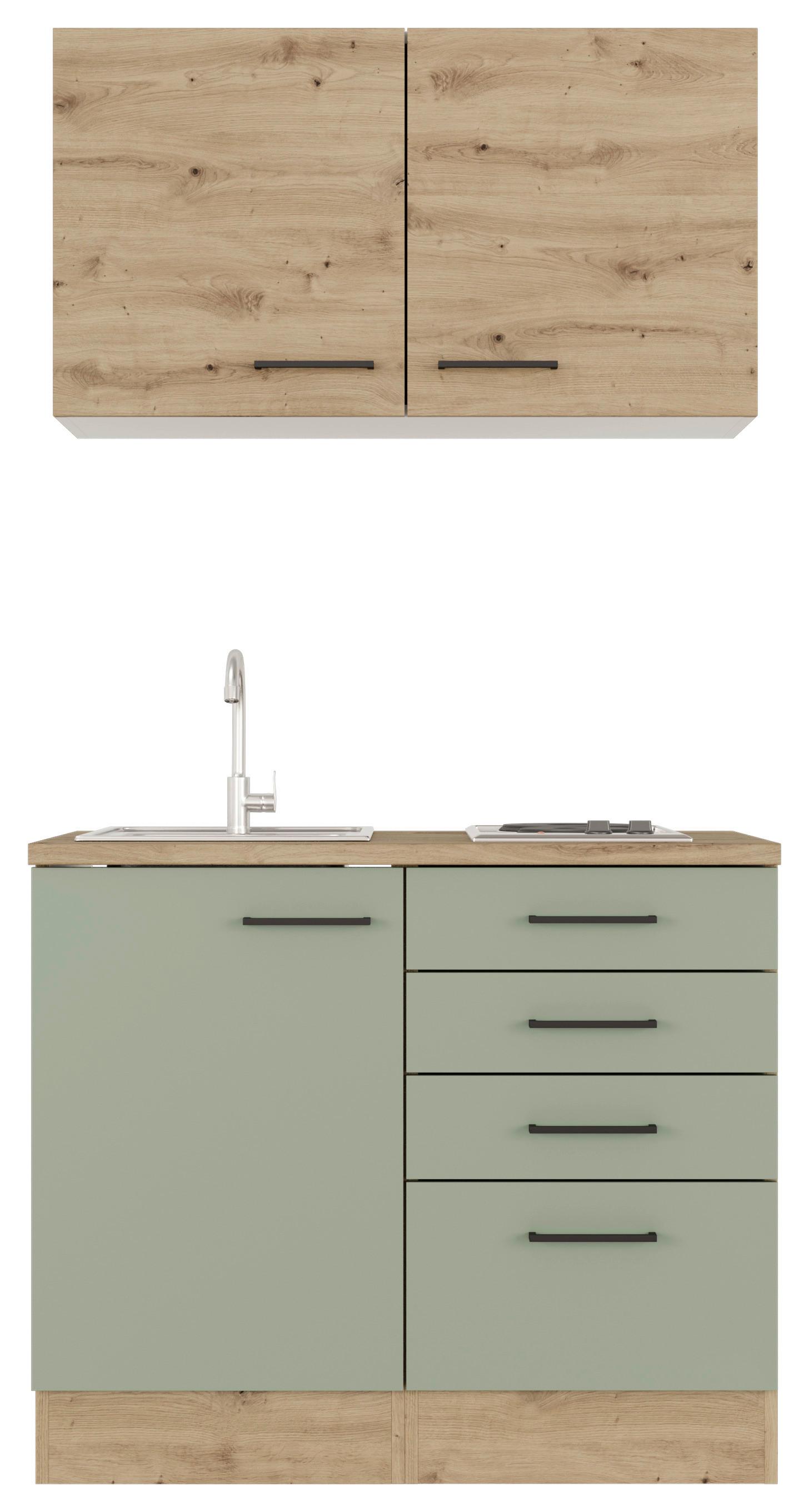 Minikuchyňa CARA, šírka 100cm vrátane drezu a varnej dosky - čierna/zelená, Modern, kov/kompozitné drevo (100cm) - FlexWell
