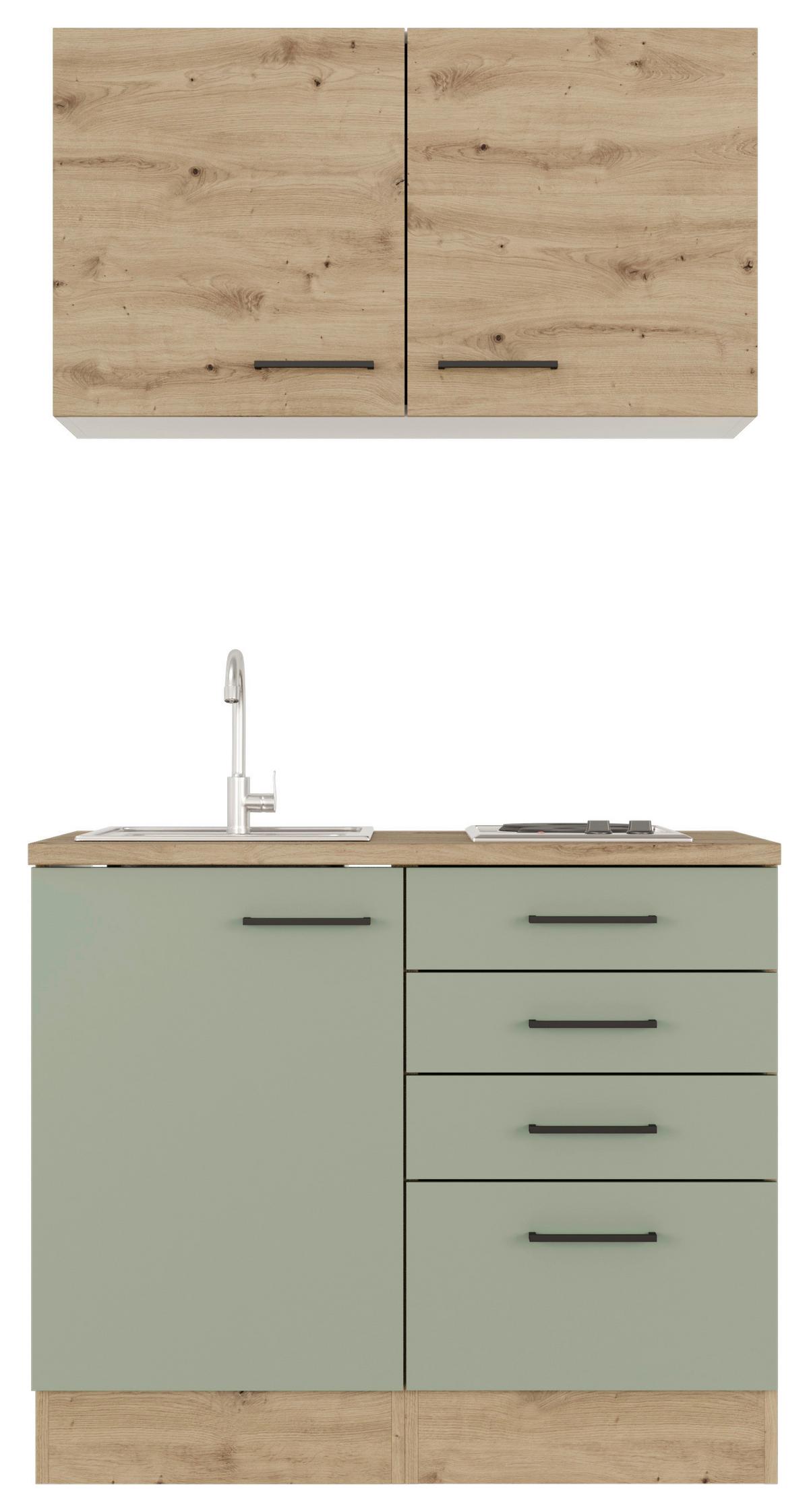 Minikuchyňa CARA, šírka 100cm vrátane drezu a varnej dosky - čierna/zelená, Modern, kov/kompozitné drevo (100cm) - FlexWell