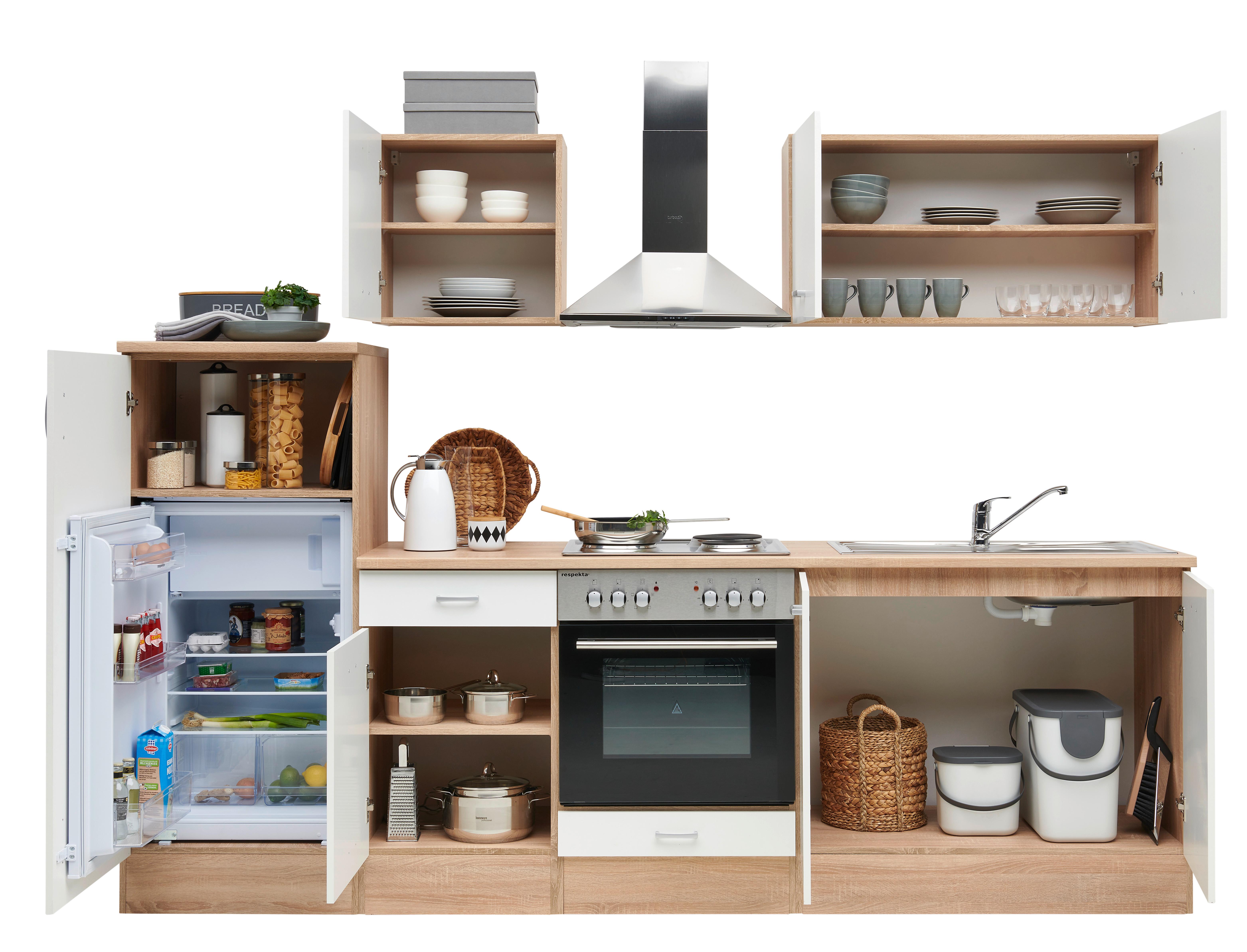 Küchenzeile Economy mit Geräten 270 cm Weiß/Eiche Dekor Modern - Eichefarben/Weiß, Basics, Holzwerkstoff (270cm) - Respekta