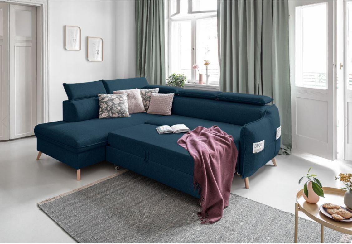 Rozkládací sedačka Simone, levé provedení - přírodní barvy/tmavě modrá, Moderní, dřevo/textil (253/82/95/208cm)