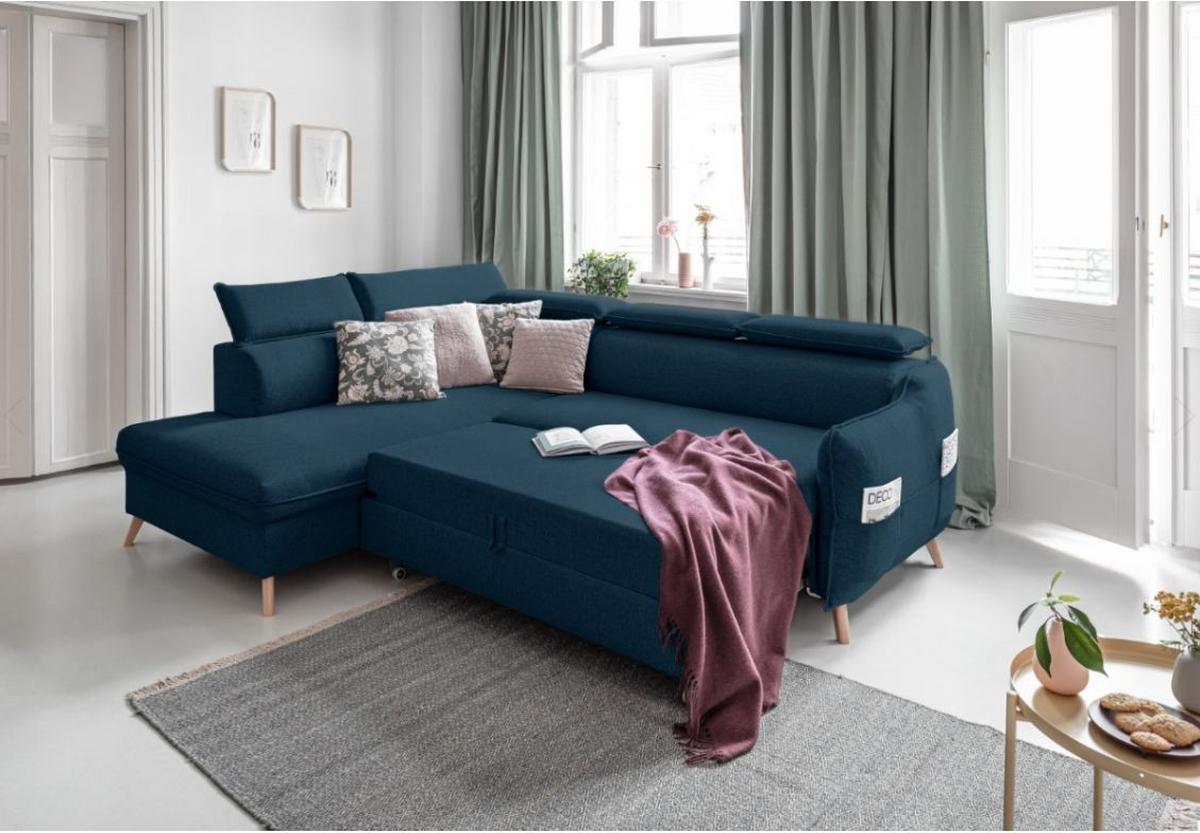 Rozkládací sedačka Simone, levé provedení - přírodní barvy/tmavě modrá, Moderní, dřevo/textil (253/82/95/208cm)