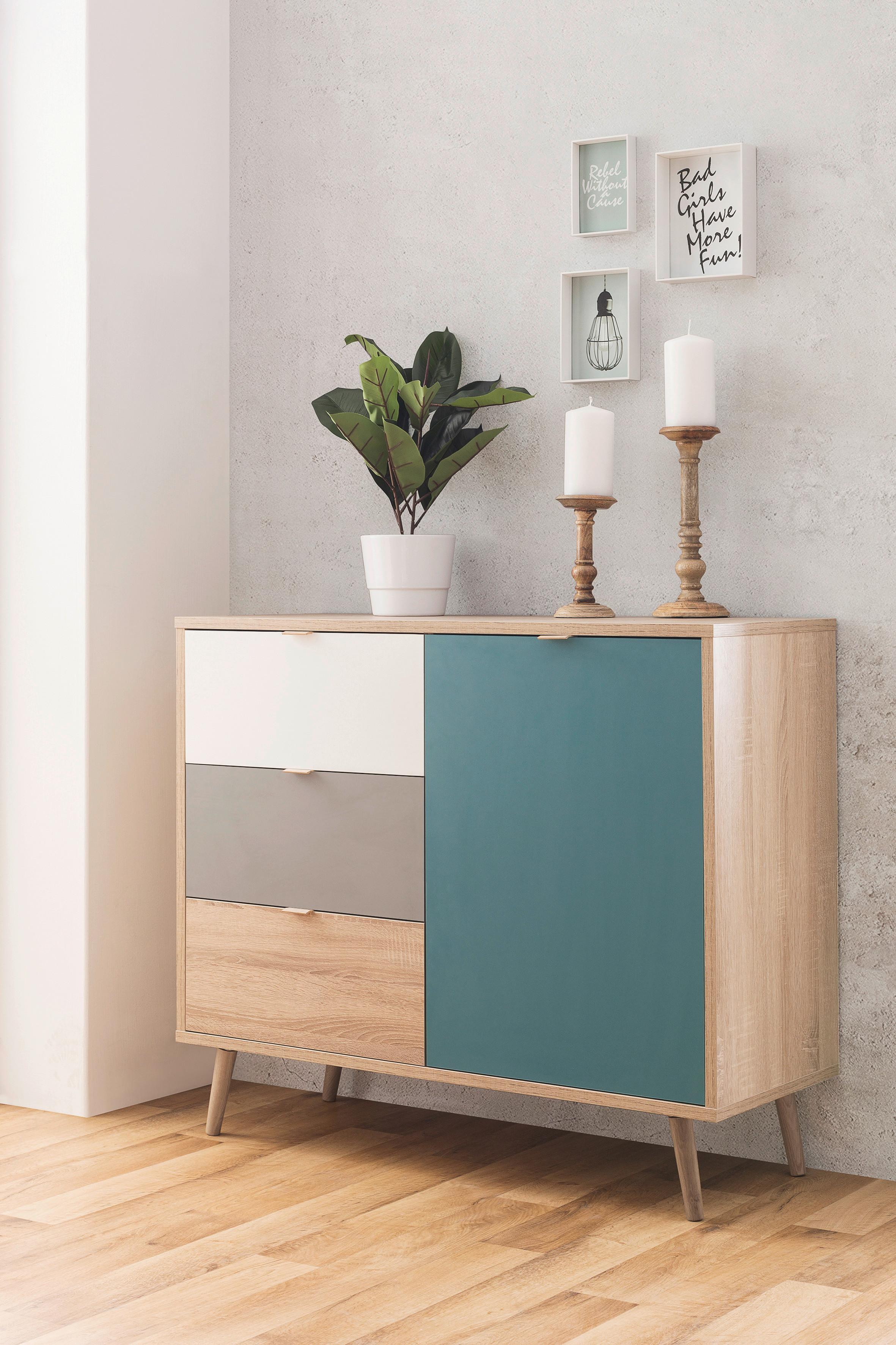 Kommode B 103cm Cuba 1-trend, Eiche Dekor/grau, Weiß, Petrol - Eichefarben/Petrol, Trend, Holzwerkstoff (103/87/40cm) - MID.YOU