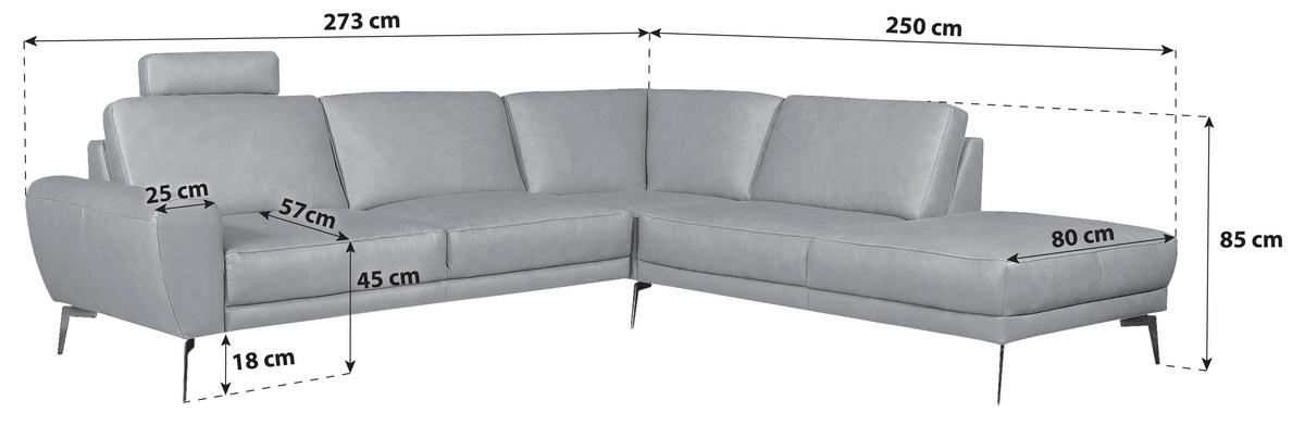 Ecksofa Spring Cognac Chrom, S: 273x250 cm - Chromfarben/Cognac, Design, Leder (273/250cm) - P & B