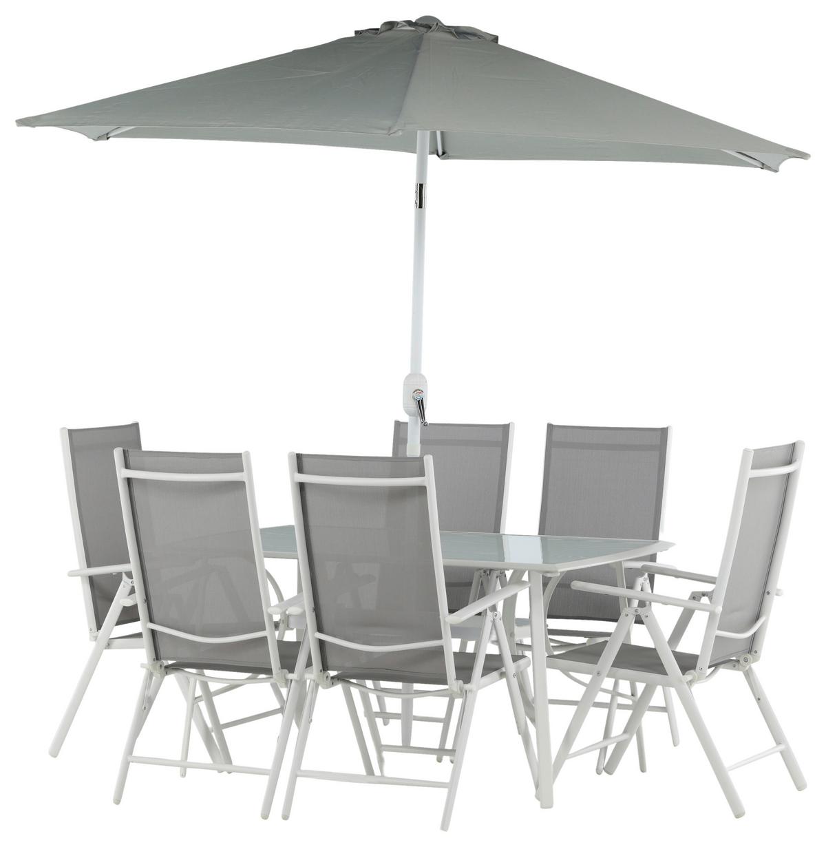 Gartentischgruppe 8-tlg Brekki Aus Aluminium Mit Schirm - Weiß, KONVENTIONELL, Glas/Metall - Gardenson