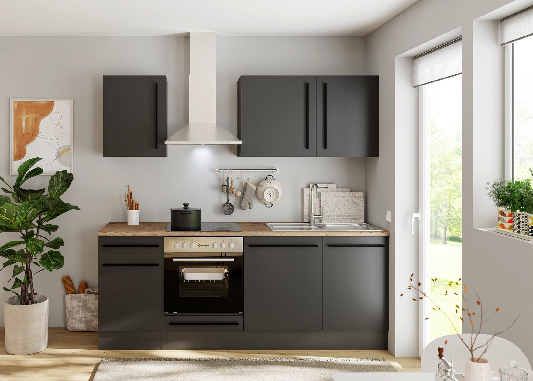 Küchenzeile Jazz mit Geräten 220 cm Schwarz - Eichefarben/Schwarz, LIFESTYLE, Holzwerkstoff (220/211/60cm) - P & B