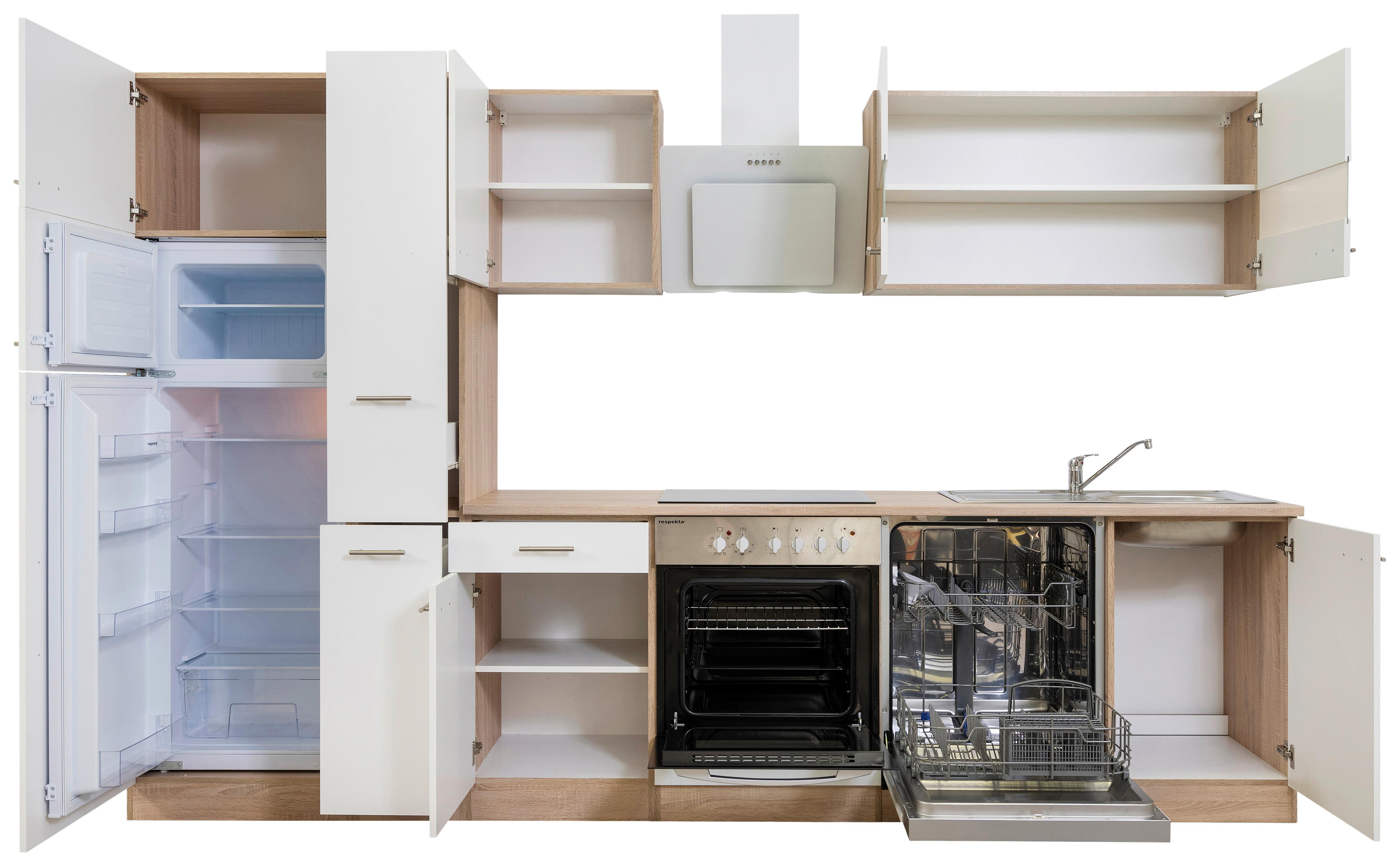 Küchenzeile Economy mit Geräten 310 cm Weiß/Eiche Dekor Modern - Eichefarben/Weiß, Basics, Holzwerkstoff (310cm) - Respekta