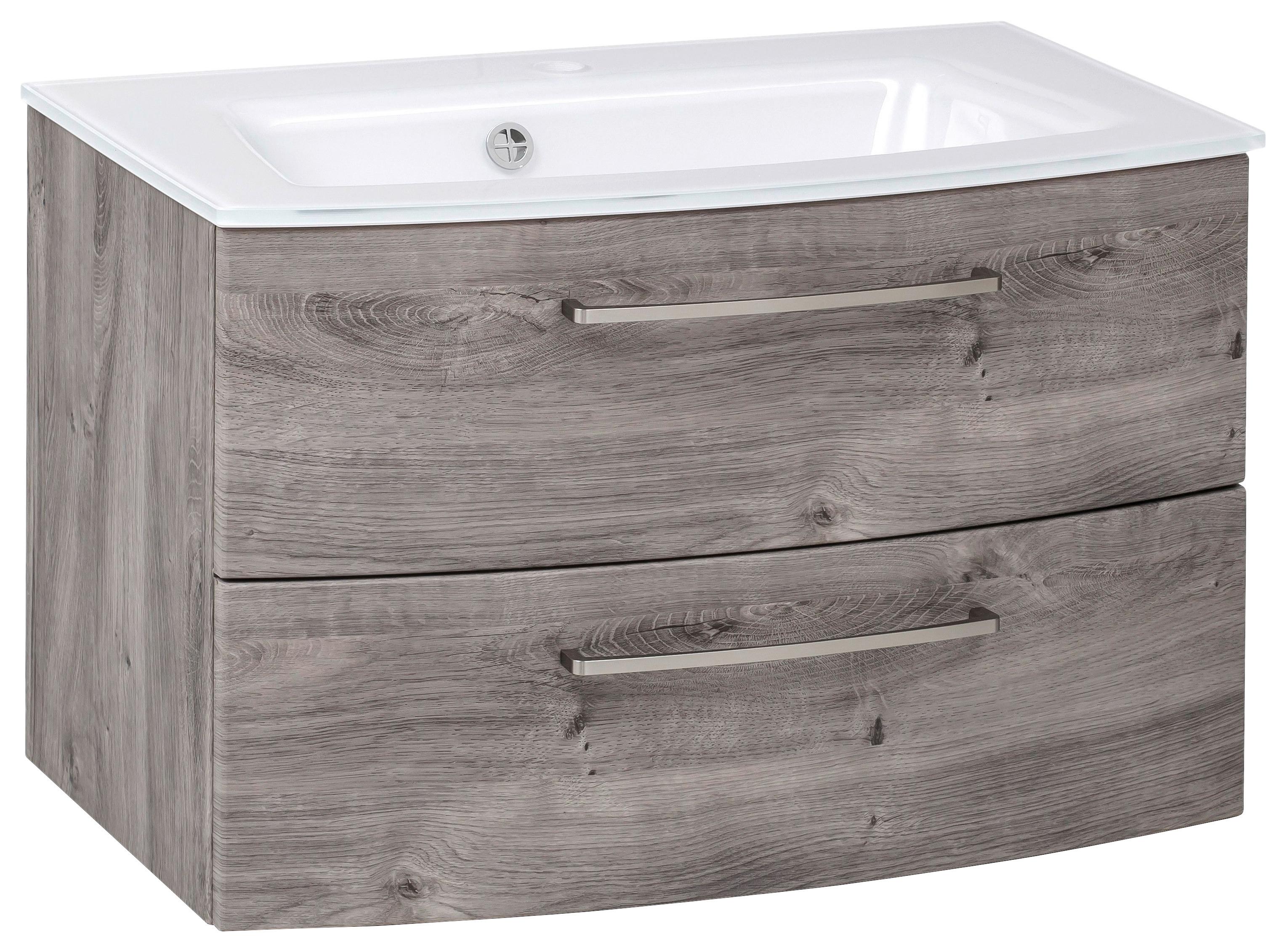 Waschbecken Mit Unterschrank Stockholm B: 80cm Grau Dekor - Eiche grau/Weiß, KONVENTIONELL, Glas/Holzwerkstoff (80cm) - Held