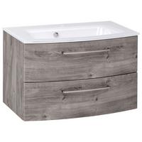 Waschbecken Mit Unterschrank Stockholm B: 80cm Grau Dekor - Eiche grau/Weiß, KONVENTIONELL, Glas/Holzwerkstoff (80cm) - Held