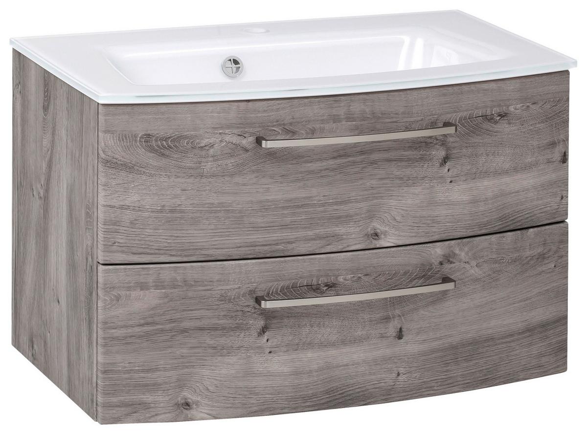 Waschbecken Mit Unterschrank Stockholm B: 80cm Grau Dekor - Eiche grau/Weiß, KONVENTIONELL, Glas/Holzwerkstoff (80cm) - Held