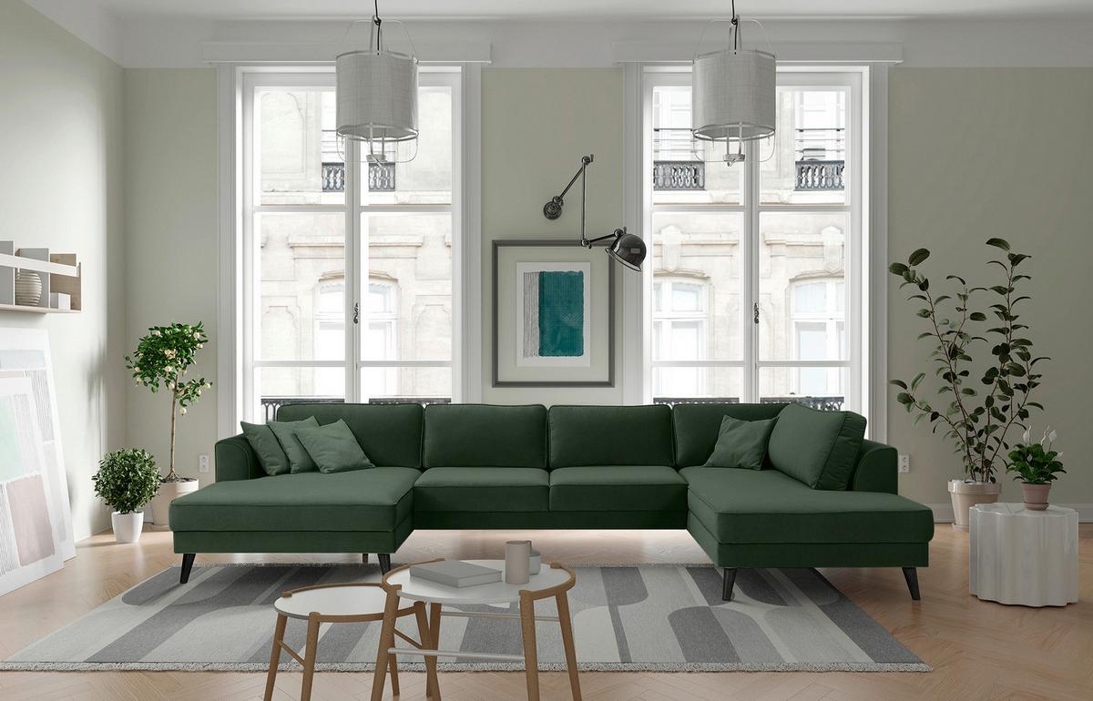 Wohnlandschaft Lumber Jack Dunkelgrün Velours - Wengefarben/Dunkelgrün, MODERN, Textil (169/348/201cm) - Trendmanufaktur
