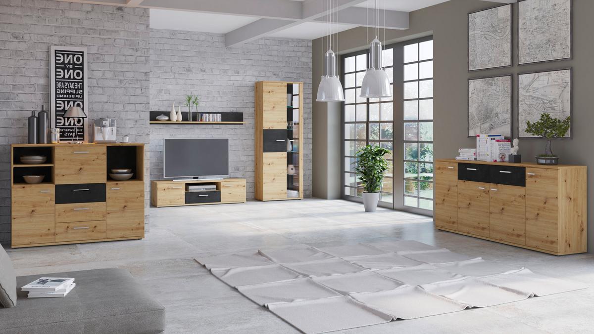 Sideboard Nina Eiche Artisan/Fresco B: 131 cm - Schwarz/Eiche Artisan, Holzwerkstoff (131/103,8/38cm) - MID.YOU