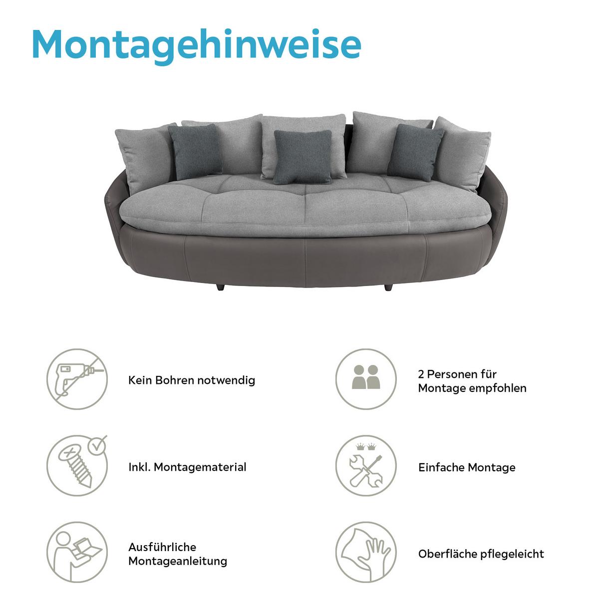 Big Sofa Aruba mit Kissen Grau/Hellgrau Lederlook - Hellgrau/Schwarz, LIFESTYLE, Textil (238/80/140cm)