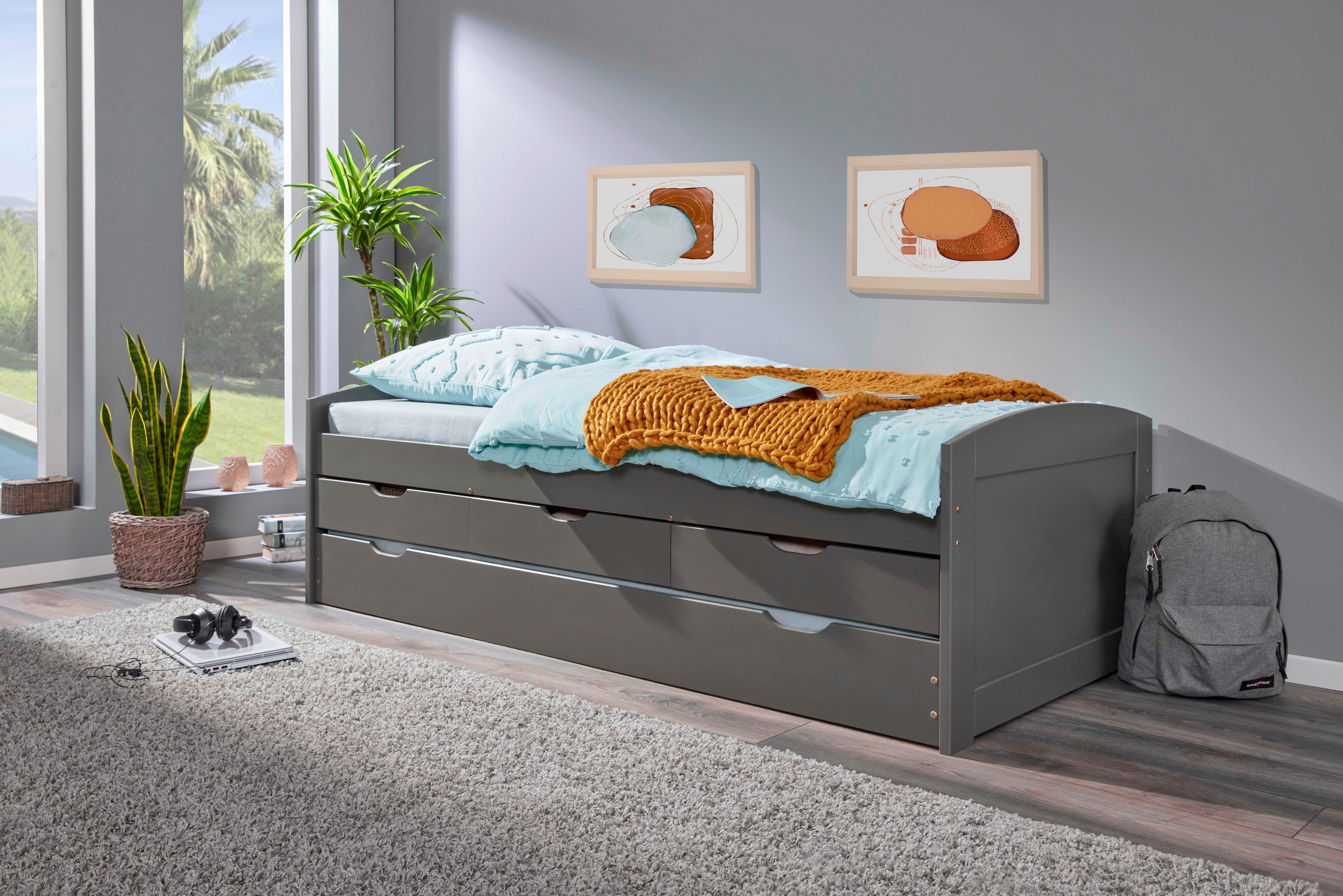 Stauraumbett Kiefer Massiv 90x200 Lena Grau