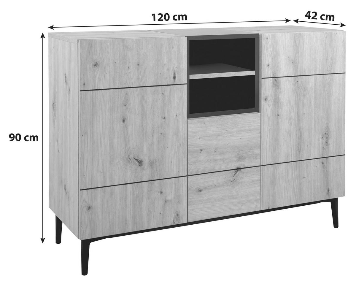 Kommode B 120 cm Nola, Eiche Dekor/Schwarz - Eichefarben/Schwarz, KONVENTIONELL, Holzwerkstoff (120/90/42cm) - MID.YOU