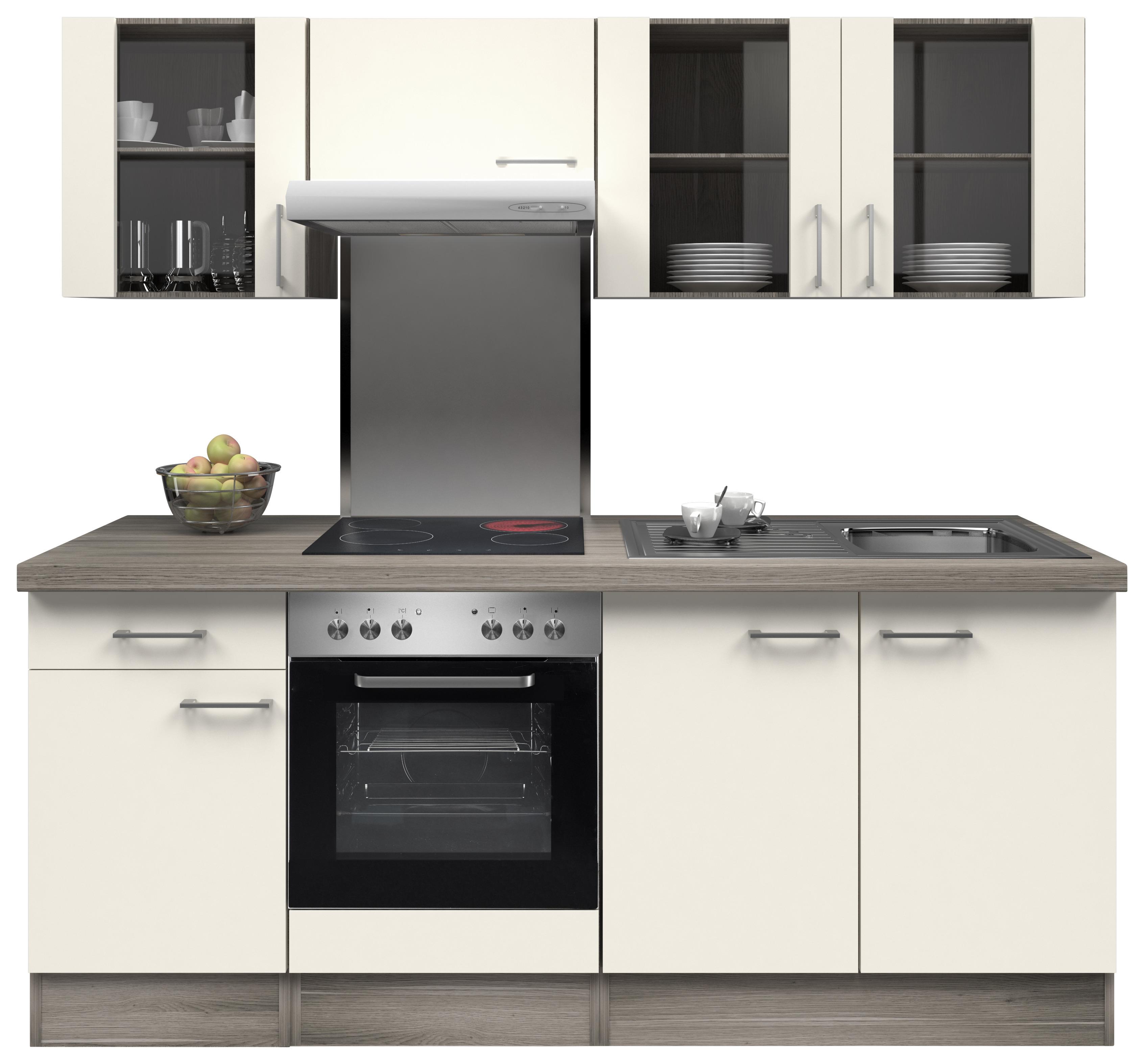 Küchenzeile Eico mit Geräten 210 cm Weiß/Eiche Dekor Modern - Edelstahlfarben/Eichefarben, MODERN, Glas/Holzwerkstoff (210cm) - MID.YOU