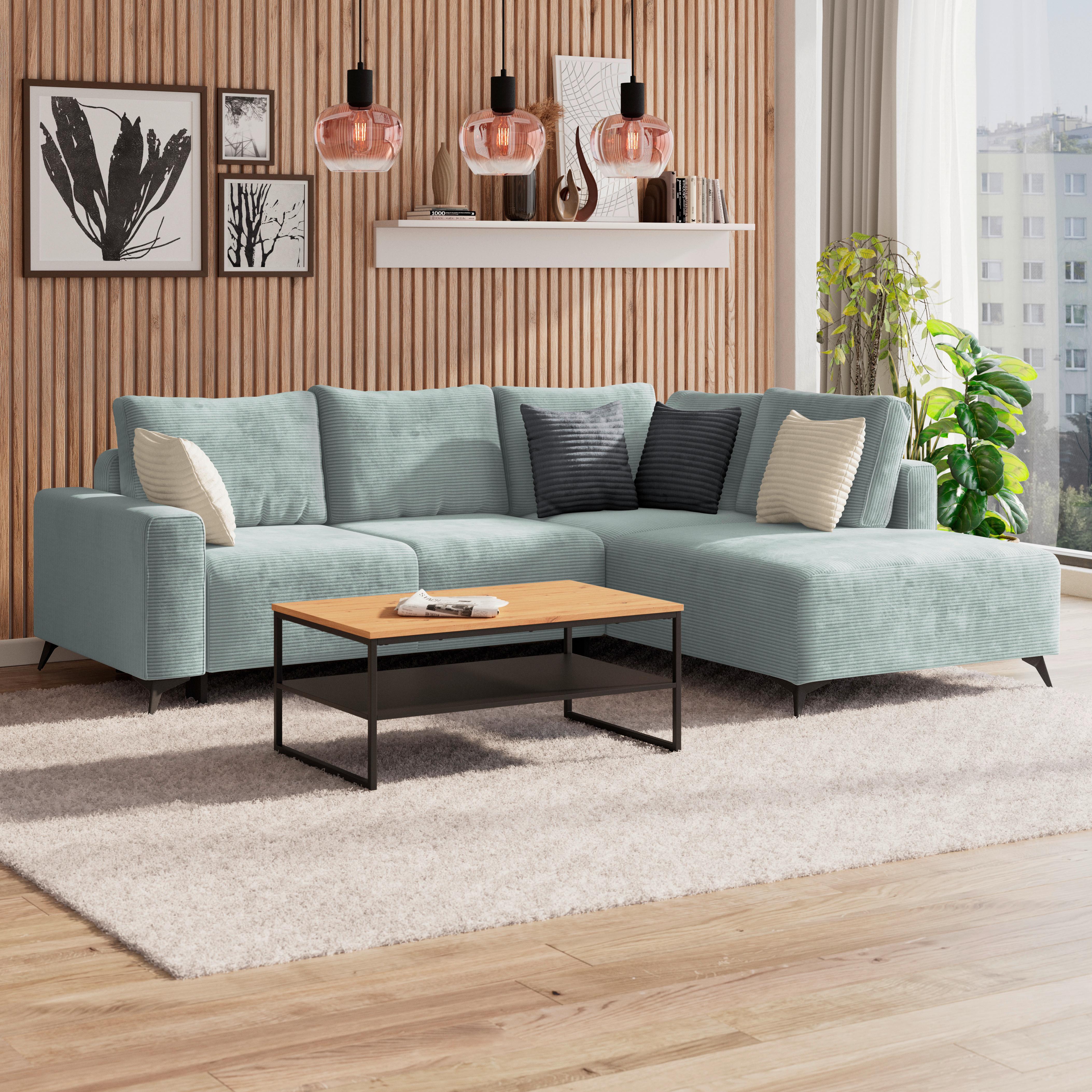 Ecksofa Mit Schlaffunktion Viktor Mint Cord 270x212 Cm - Creme/Schwarz, MODERN, Textil (270/212cm)