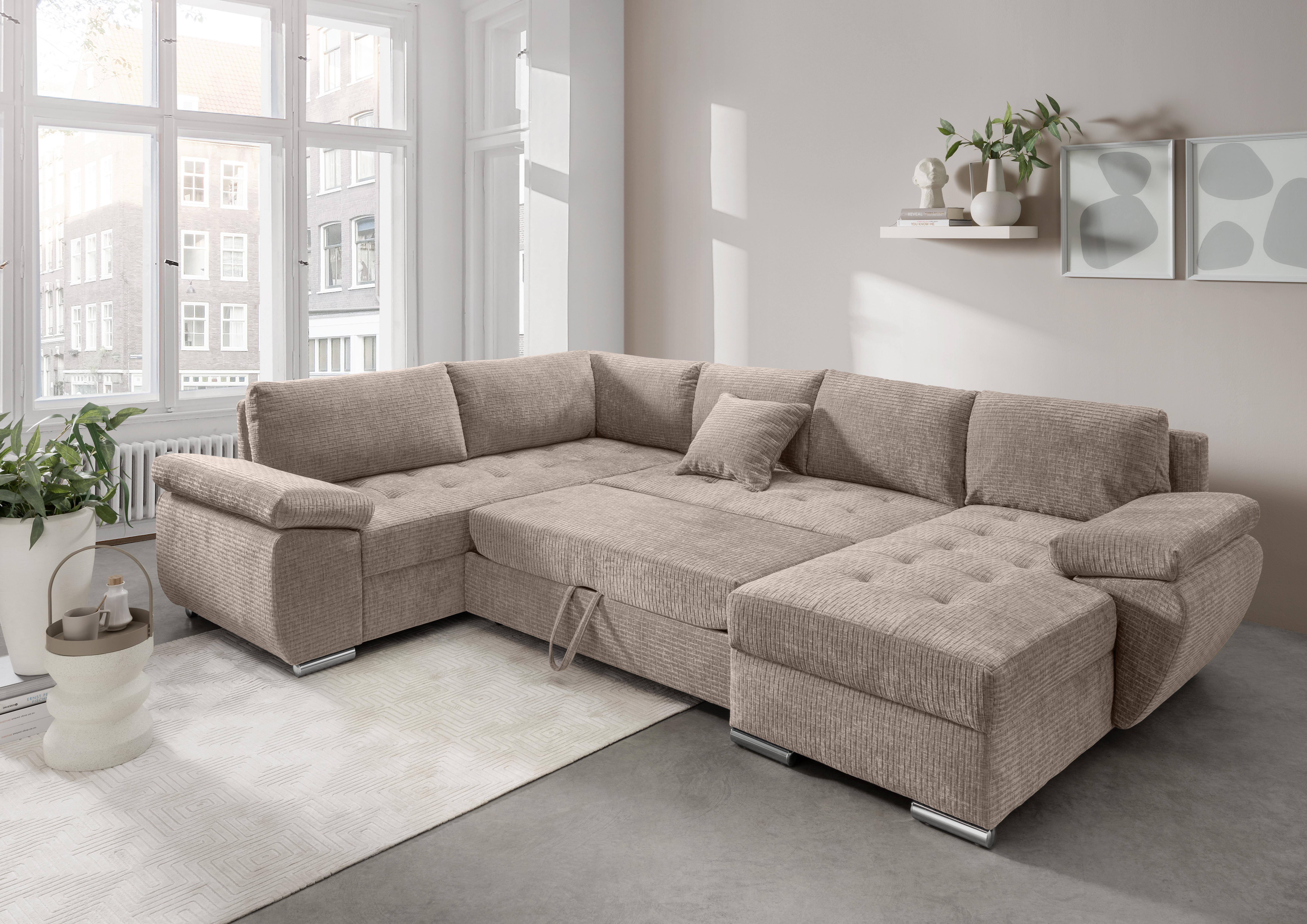Wohnlandschaft Terana Beige mit Schlaffunktion, Mikrofaser - Chromfarben/Beige, KONVENTIONELL, Textil (219/305/157cm) - Livetastic