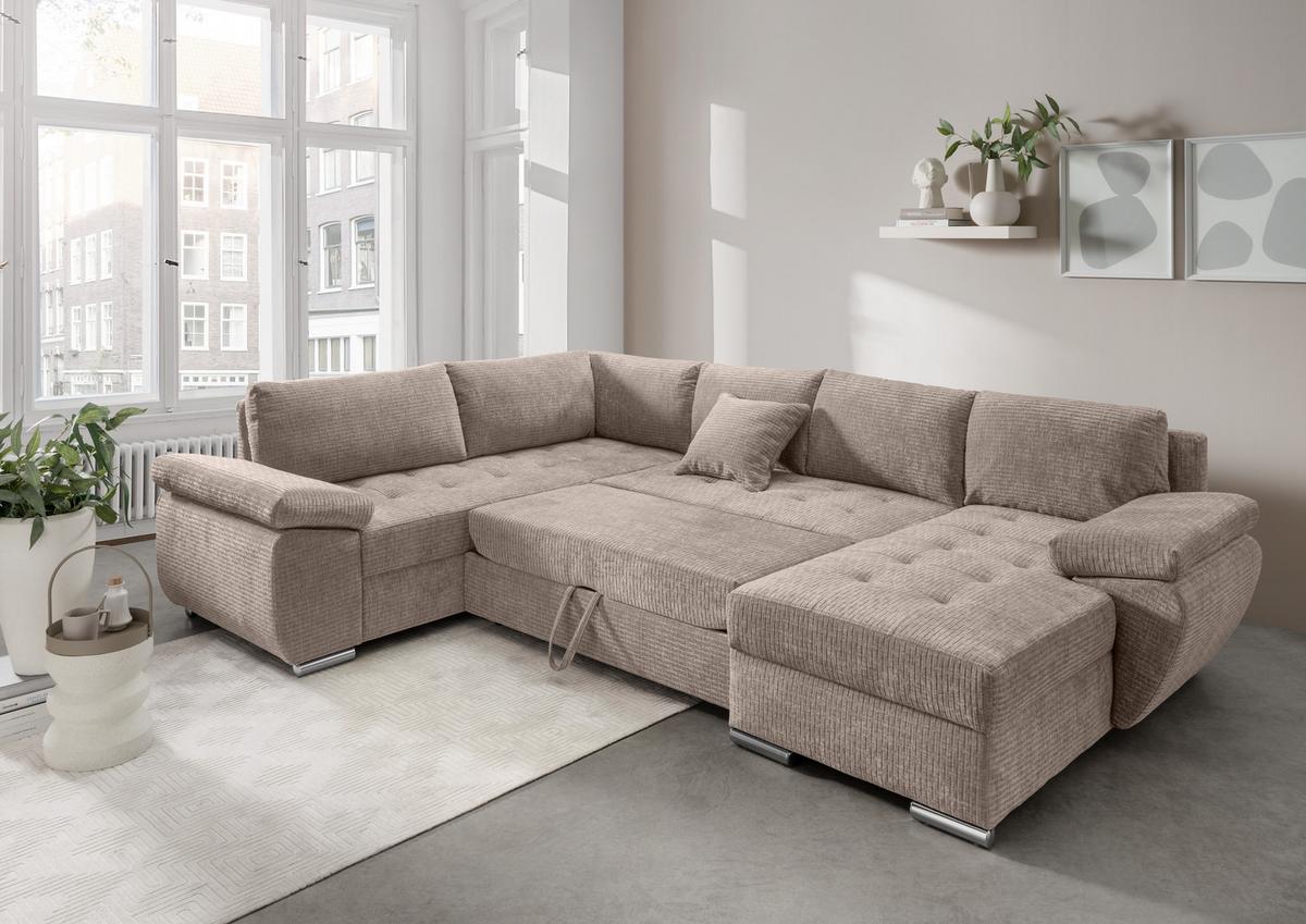Wohnlandschaft Terana Beige mit Schlaffunktion, Mikrofaser - Chromfarben/Beige, KONVENTIONELL, Textil (219/305/157cm) - Livetastic