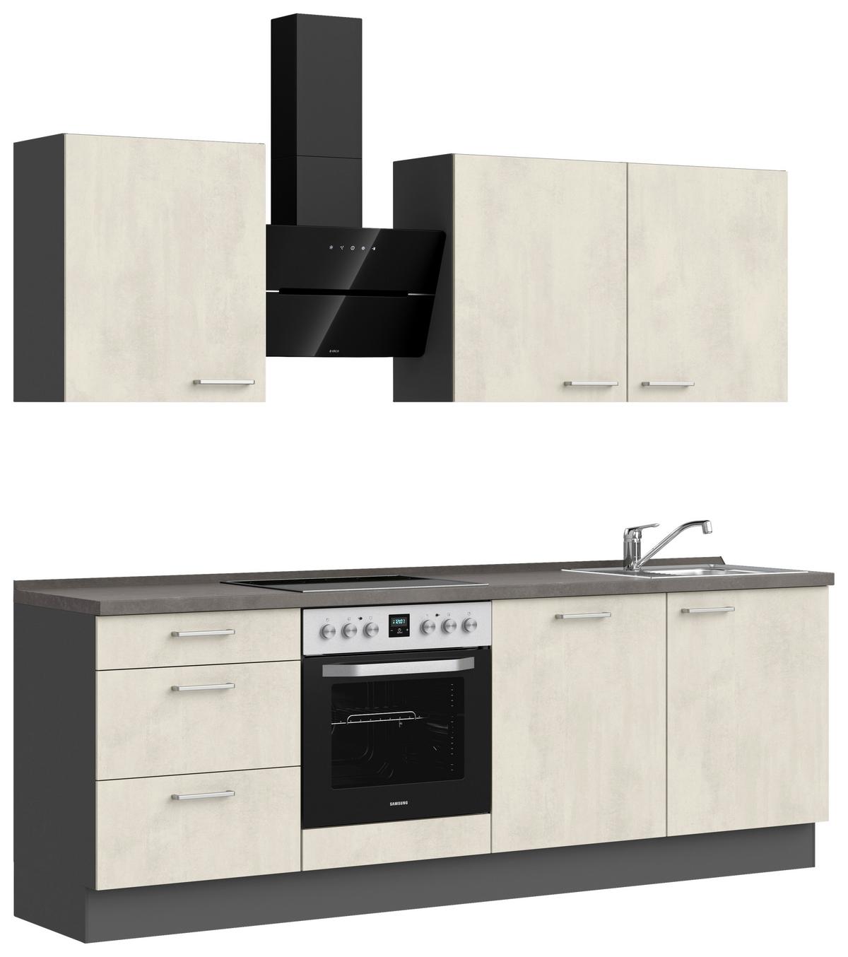 Kuchynská linka 240 cm, biely betón/ bridlicová šedá - biela/farba ušľachtilej ocele, Modern, kov/kompozitné drevo (240cm) - Nobilia