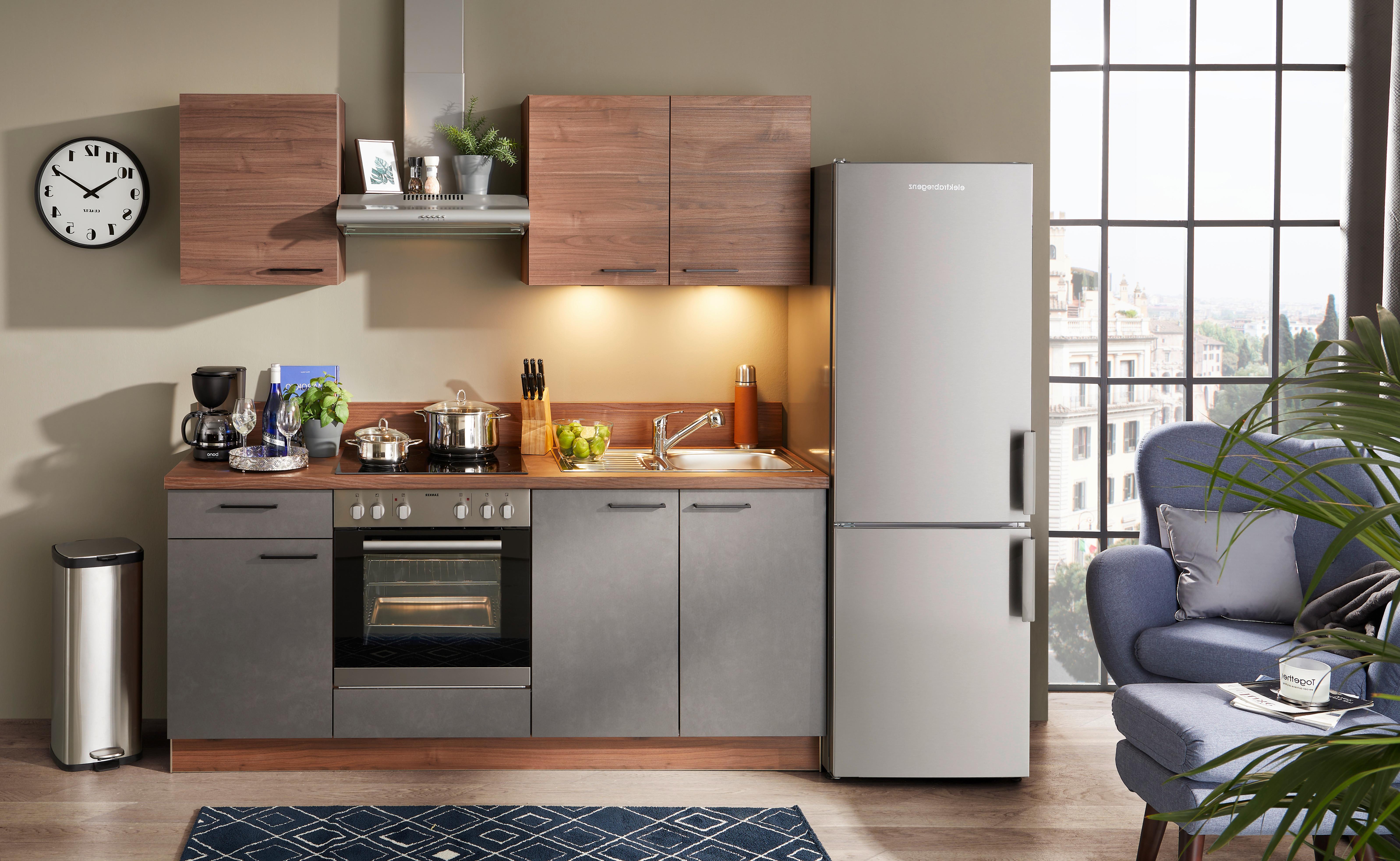 Küchenzeile Base mit Geräten 200 cm Stahl-/Nussfarben - Nussbaumfarben, Design, Holzwerkstoff (200cm) - Express