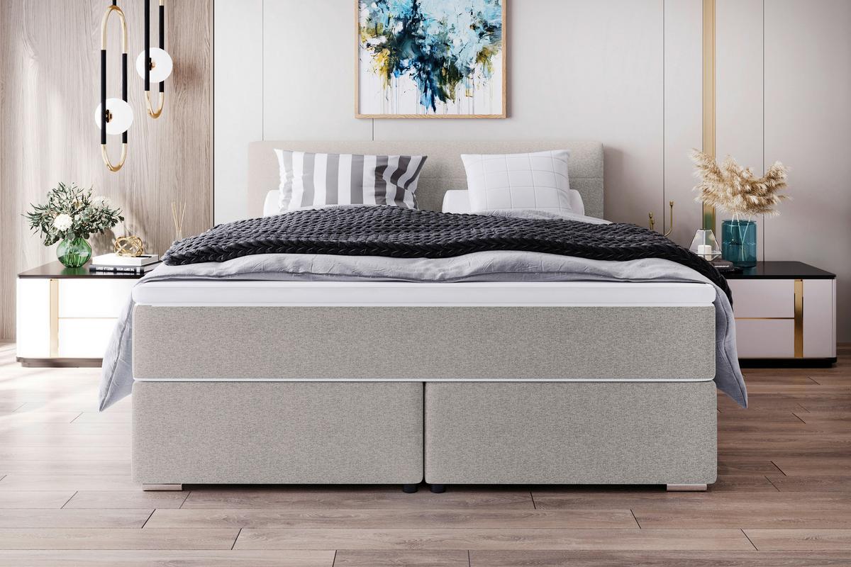 Boxspringbett mit Topper 160x200 Catania - Chromfarben/Hellgrau, KONVENTIONELL, Textil (160/200cm)